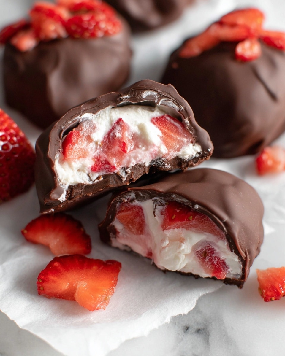 The image shows a close-up of several chocolate-covered treats on a white marbled surface. One treat is cut in half to show three layers: the outer dark brown chocolate shell with a smooth texture, a middle white creamy layer with visible soft, red strawberry pieces inside, and some fresh red strawberry slices scattered around them. The whole setup rests on white parchment paper. Photo taken with an iphone --ar 4:5 --v 7