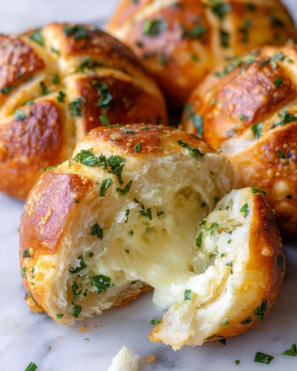 The image shows garlic cheese bread rolls placed directly on a white marbled surface. The top layer of the rolls has a shiny, golden-brown crust with slits cut into it, revealing a soft, fluffy inner bread layer underneath. Chopped green herbs, likely parsley, are sprinkled on the surface and slightly inside the slits. One roll is cut open to show a middle layer of creamy white melted cheese filling, looking soft and gooey, contrasting with the light airy bread inside. The image is close-up, emphasizing the texture of the crust, the melted cheese, and the fresh herbs on the rolls. Photo taken with an iphone --ar 4:5 --v 7