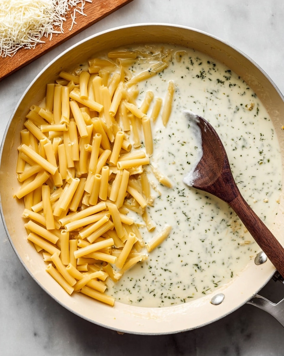 A white pan filled with two main layers: the bottom layer is a creamy, white sauce with small green herb pieces, smooth and thick in texture, covering the entire pan. On top, there is a layer of uncooked yellow tube-shaped pasta scattered unevenly across the sauce. A wooden spoon with a dark brown head and a long light brown handle is partially submerged in the sauce on the right side of the pan. The pan is placed on a white marbled surface with a small wooden board in the top left corner, which has finely grated white cheese on it. photo taken with an iphone --ar 4:5 --v 7