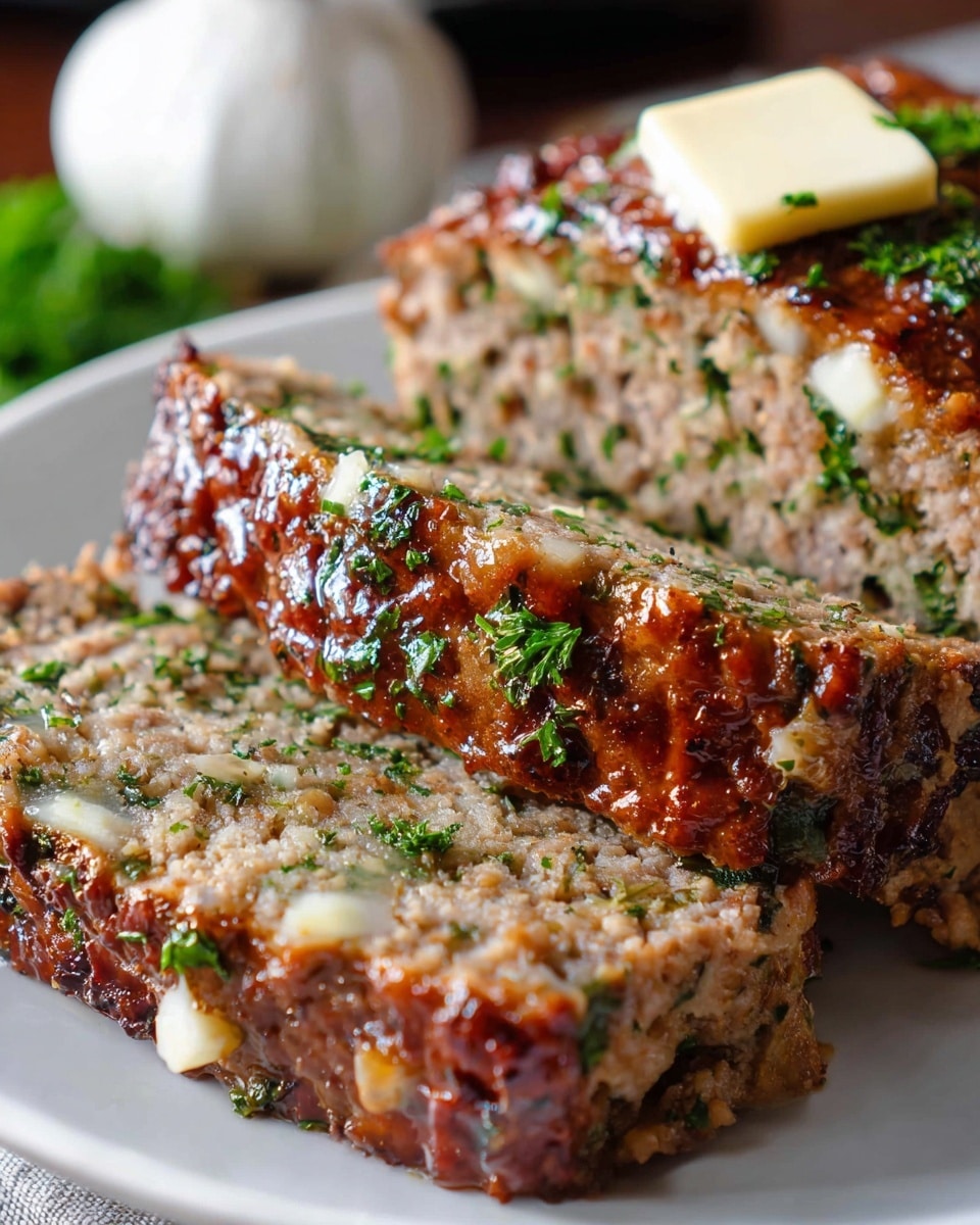 A close-up of a meatloaf sliced into three thick pieces on a white plate, showing a moist brown outer crust with a slightly crispy texture and a soft, speckled inner layer mixed with green herbs and small white pieces. The top of the meatloaf is shiny and golden-brown with fresh green parsley sprinkled on it, and a small square of butter rests on the back piece. A white garlic bulb is blurred in the background, all set on a white marbled surface. photo taken with an iphone --ar 4:5 --v 7