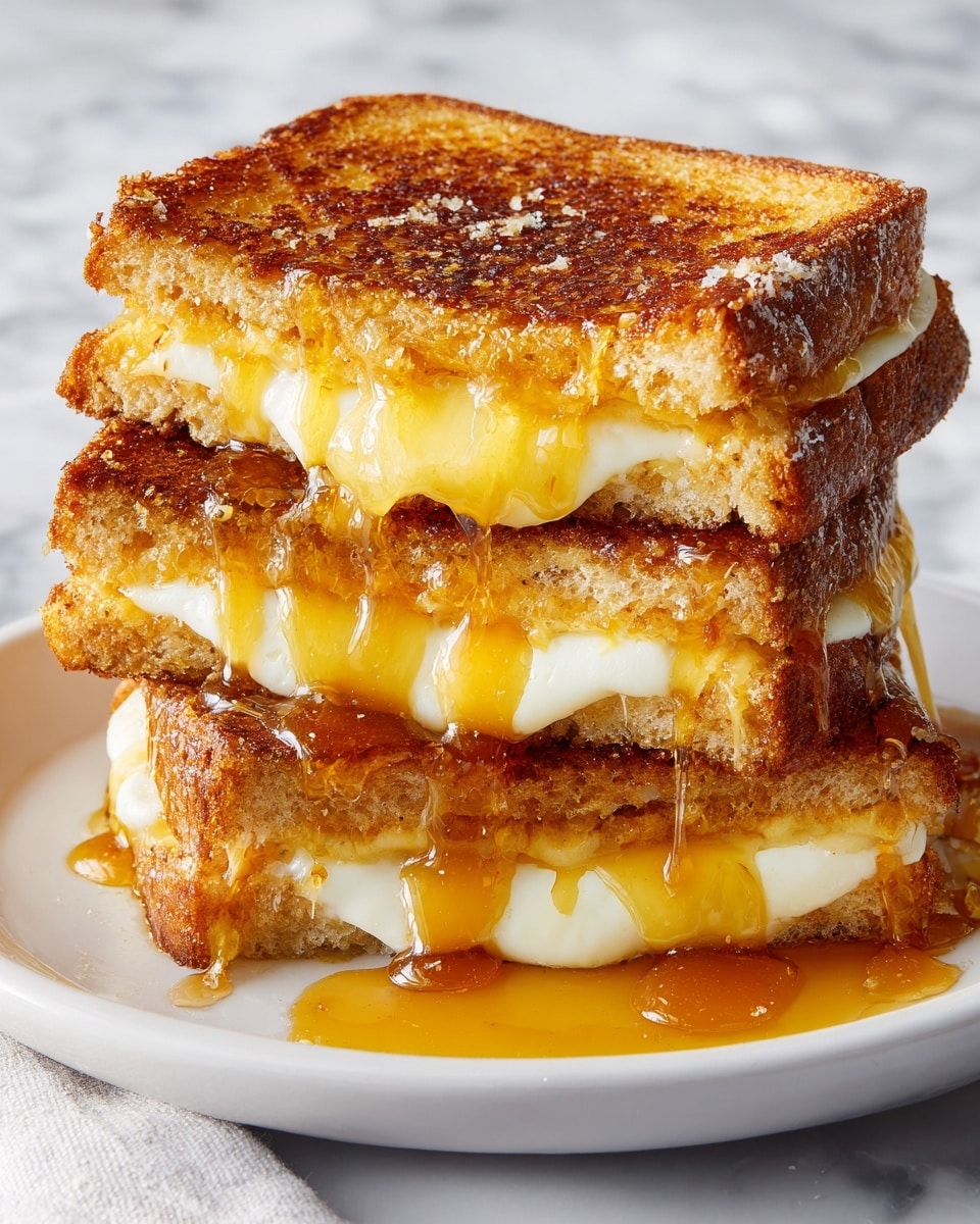 A close-up view of a grilled cheese sandwich stacked in three layers, each with golden brown toasted bread that looks crunchy on the outside. Between the bread layers, white melted cheese is oozing and stretching out, with a shiny amber-colored sauce or syrup dripping down the edges, adding a glossy texture and sweet contrast. The sandwich sits on a white plate, placed on a white marbled surface that softly reflects light, making the cheese and sauce look even richer. Photo taken with an iphone --ar 4:5 --v 7