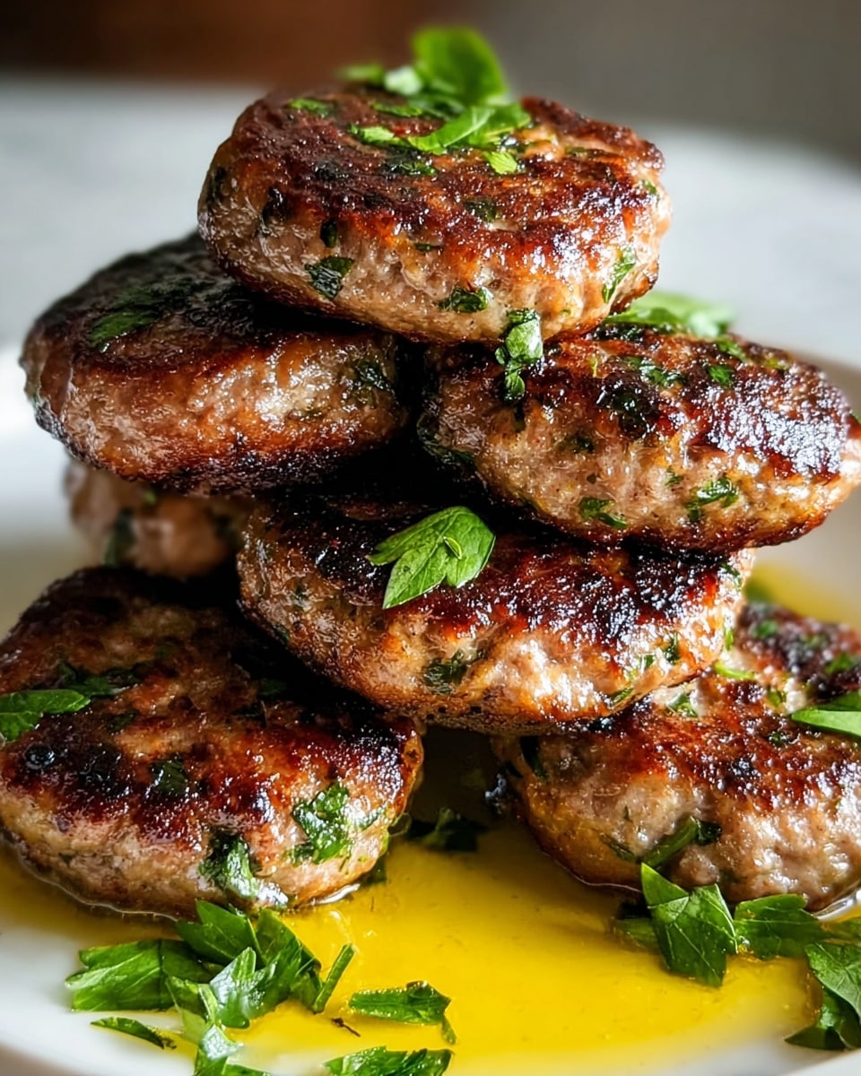 A close-up view of a stack of six small grilled meat patties arranged unevenly in two layers: three patties on the bottom layer and three on top. Each patty has a golden-brown, slightly charred crust with visible herbs baked into the meat, giving specks of green throughout. Small pieces of fresh green herbs are scattered on top and around the patties. The patties sit on a white plate with a shallow pool of golden, oily liquid at the base. The surface beneath is a white marbled texture, softly blurred in the background. photo taken with an iphone --ar 4:5 --v 7