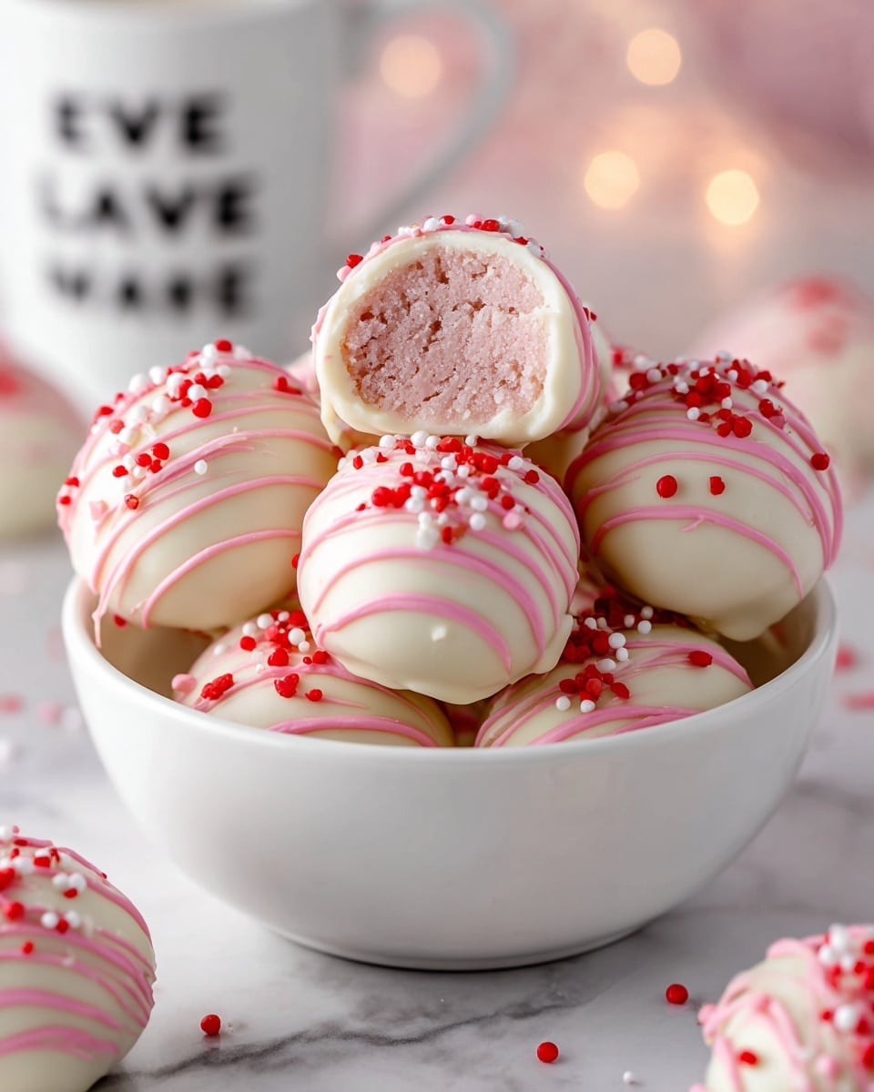 A white bowl filled with round cake balls, each coated in smooth white chocolate, decorated with thin pink drizzle lines across the surface, and topped with small red and white round sprinkles. The cake balls have a soft pink inside, visible on one ball held above the bowl, showing a moist, finely textured layer. Some cake balls sit around the bowl on a white marbled surface. In the background, there is a blurred white cup with black text, creating a cozy atmosphere. Photo taken with an iphone --ar 4:5 --v 7
