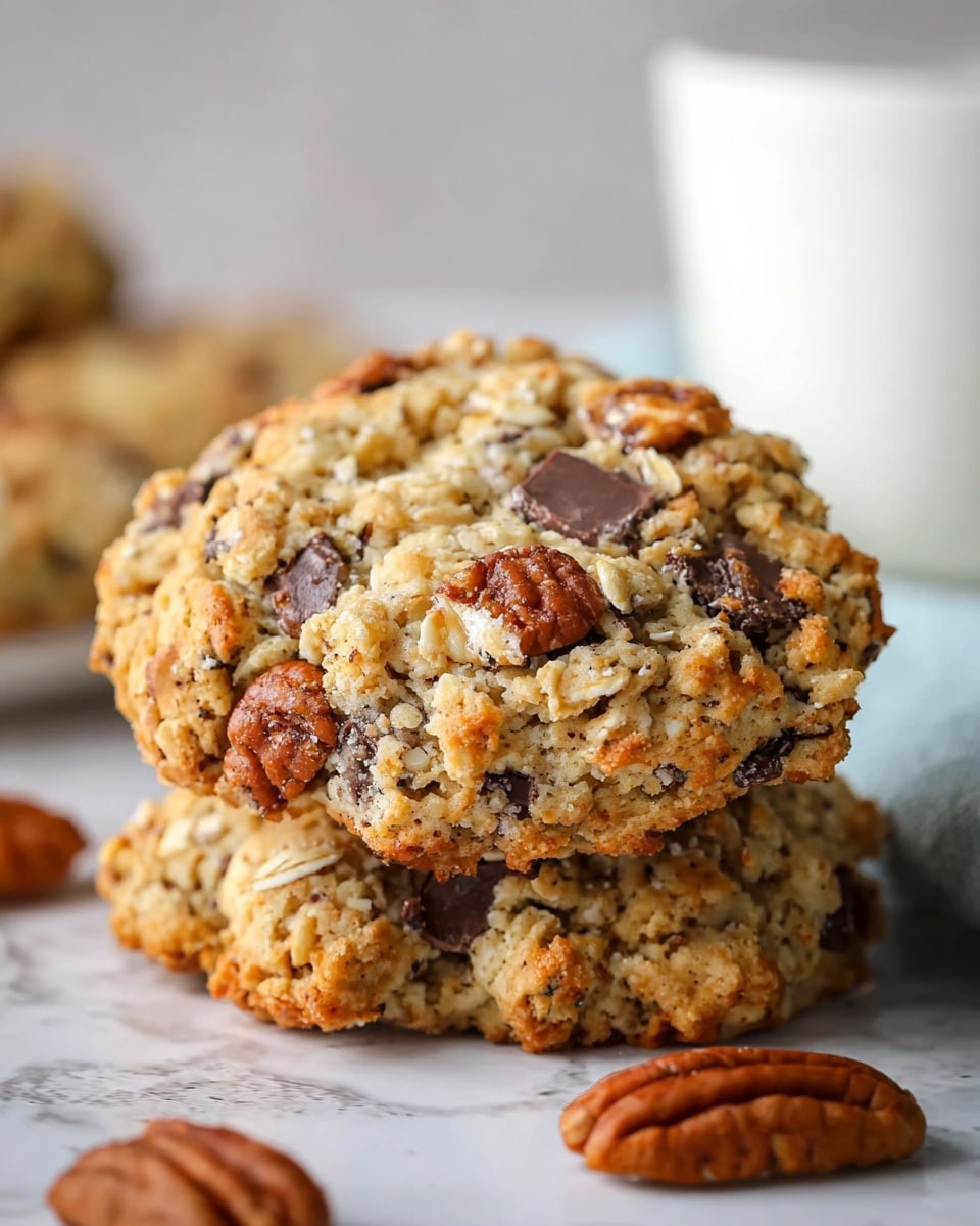 The image shows a close-up of two oatmeal cookies stacked on a white marbled surface, with visible textures of oats and chunks of dark chocolate and pieces of brown pecans mixed within the cookie dough. The cookies have a golden-brown color with a slightly uneven, rough surface showing the oats and nuts, with one cookie leaning slightly on the other. A few whole pecans are scattered near the cookies, adding to the natural feel. A blurred white cup is in the background, adding softness and depth to the scene. photo taken with an iphone --ar 4:5 --v 7