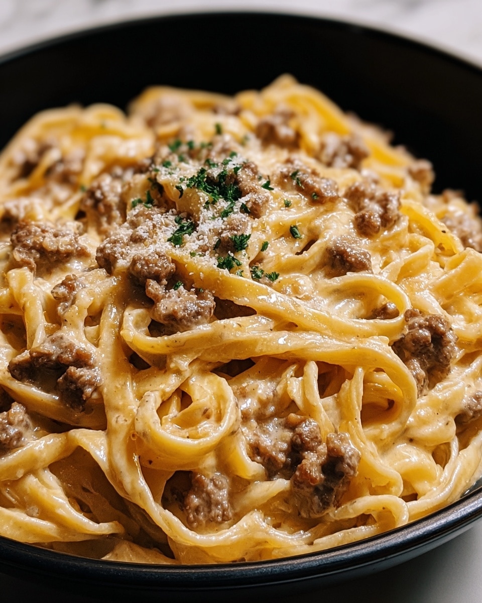 This image shows a close-up of thick noodles covered in a creamy light brown sauce with small pieces of browned ground meat mixed throughout. The noodles look shiny and smooth, piled in a bowl that is black on the outside but edited to be white, sitting on a white marbled surface. On top, a few small green herb pieces add a bit of color contrast and texture, along with a light sprinkle of grated cheese dusted over the noodles and meat, giving it a slightly grainy look. The photo focuses tightly on the dish, highlighting the creamy and meaty textures in detail. Photo taken with an iphone --ar 4:5 --v 7