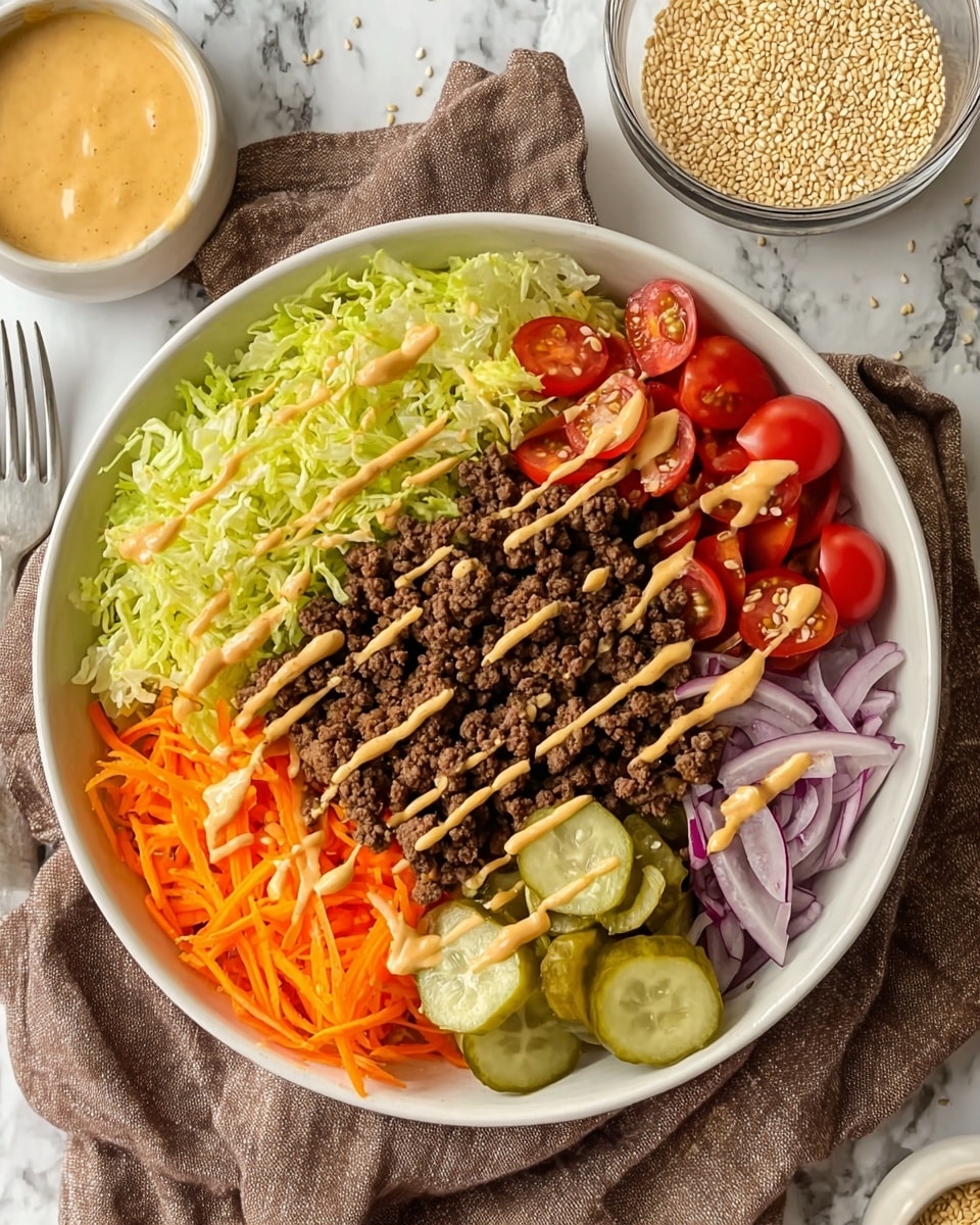 The dish is shown in a white bowl placed on a brown cloth over a white marbled surface. Inside the bowl, there are five main layers arranged side by side: shredded light green lettuce on the left, bright orange shredded carrots below it, finely cooked dark brown ground beef in the center, bright red halved cherry tomatoes above the beef, and light green pickle slices on the right. Thinly sliced purple onions are at the bottom right corner. A creamy light brown sauce is drizzled evenly across the top of the ingredients in diagonal lines. Around the bowl, there are small bowls of beige sesame seeds and sauce, with a silver fork nearby. photo taken with an iphone --ar 4:5 --v 7
