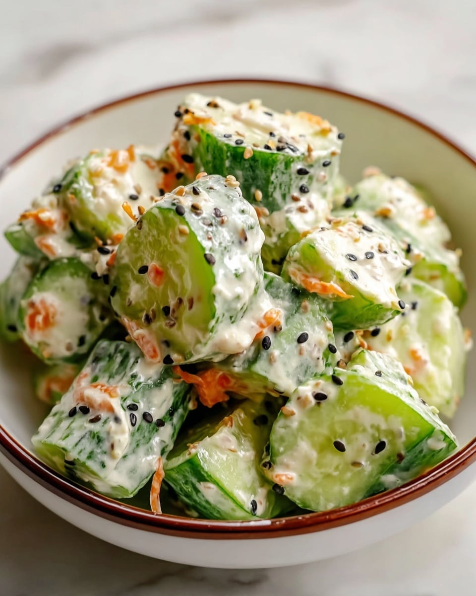 A close-up view of a bowl filled with a cucumber salad, showing thick pieces of green cucumber cut into large, chunky slices. The cucumbers are covered in a creamy white dressing speckled with small bits of orange carrot and black sesame seeds, adding color and texture. The bowl is white with a thin brown rim, sitting on a surface with a white marbled texture. The salad looks fresh, with the cucumbers glistening under the light, and the mix is piled high inside the bowl. photo taken with an iphone --ar 4:5 --v 7