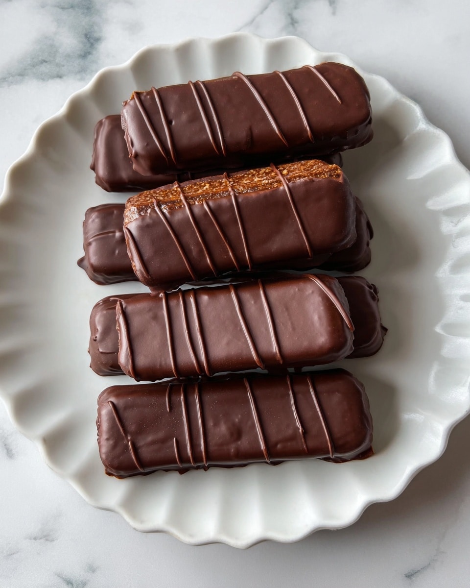 Five rectangular chocolate bars lie on a white plate with a wavy edge, placed on a white marbled surface. The bars are covered with smooth, dark brown chocolate and each has thin chocolate drizzle lines in a slightly lighter shade of brown on top, adding texture. Four bars are aligned parallel on the plate while one bar rests horizontally on top of them in the center. The chocolate coating appears glossy and slightly textured. Photo taken with an iphone --ar 4:5 --v 7