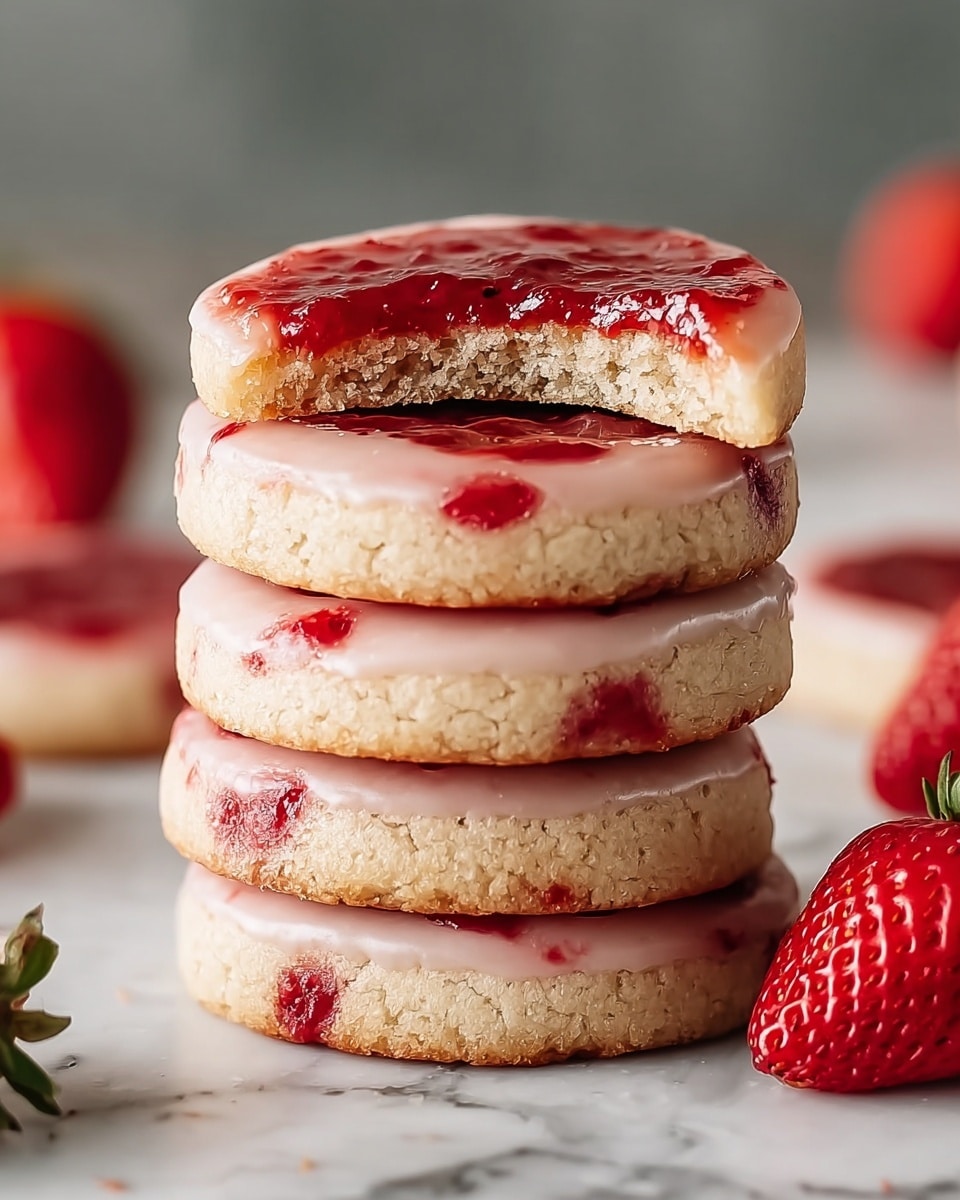 A stack of four round cookies is shown on a white marbled surface, each cookie having two visible layers: a thick, light beige base with a crumbly texture, and a glossy, pale pink icing layer on top with irregular spots and streaks of bright red strawberry jam peeking through. The top cookie has a bite taken out, revealing the soft inside of the beige base and the slightly translucent icing. Bright red strawberries are scattered around the stack, adding pops of color. Photo taken with an iphone --ar 4:5 --v 7