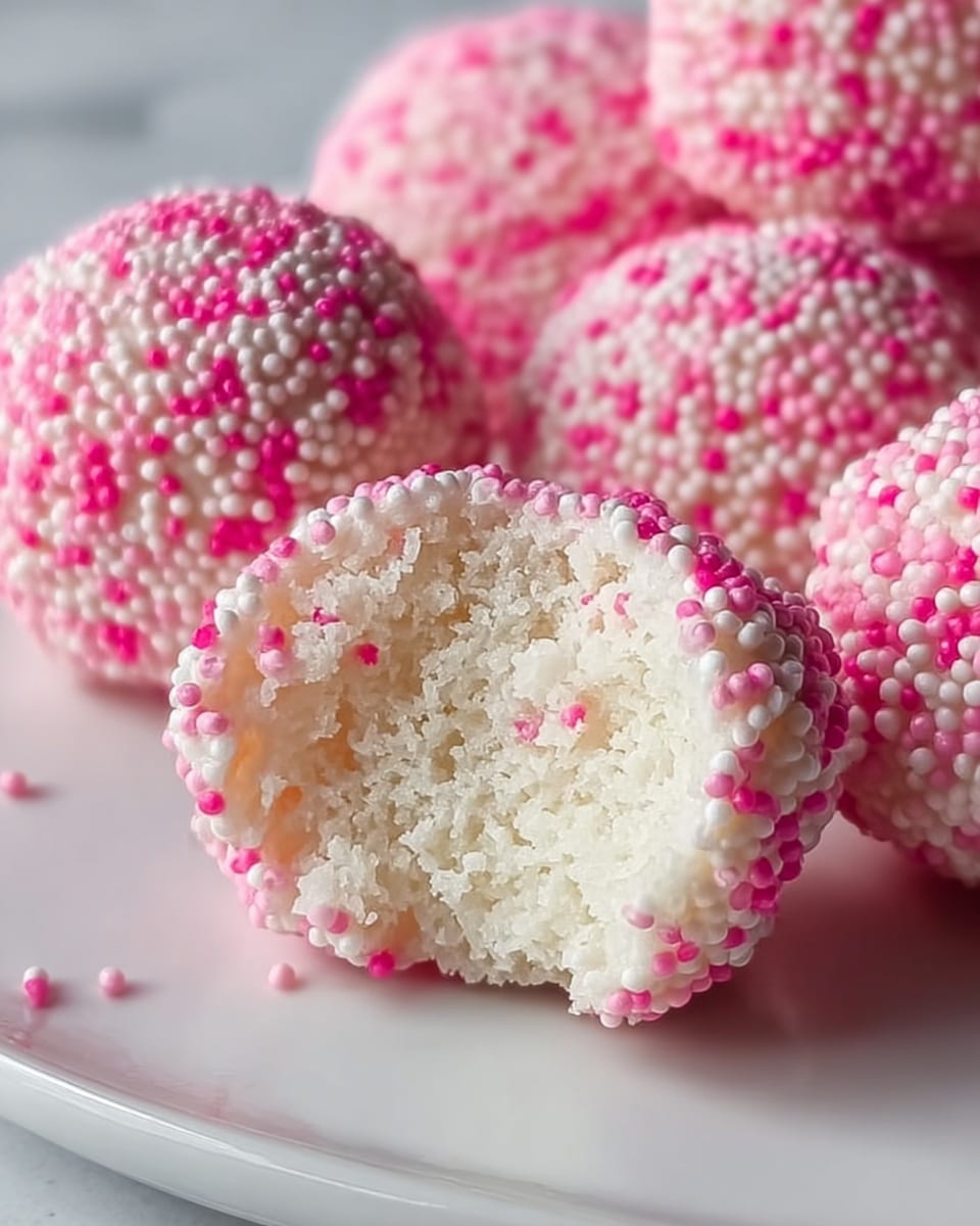 The image shows round, textured balls covered with tiny pink and white round sprinkles forming the outer layer. The inner part is soft and fluffy with a white spongy texture, visible from the bitten piece in the foreground. The balls rest on a white plate with a smooth surface, and they are close to each other showing size and texture clearly. The white marbled surface beneath the plate adds subtle light reflections in the background. photo taken with an iphone --ar 4:5 --v 7