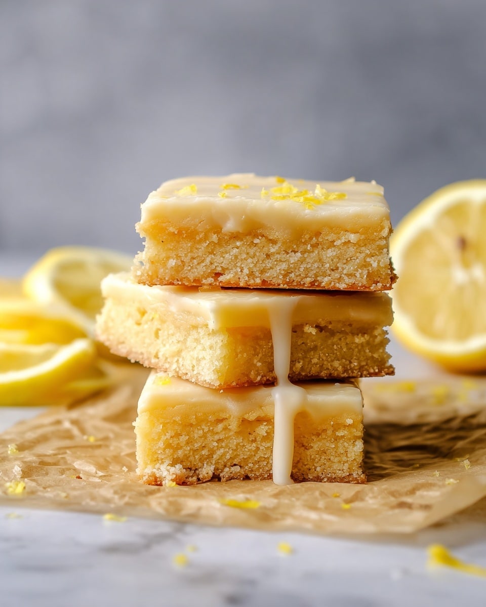 Three square lemon bars stacked on top of each other on a wrinkled parchment paper, each with a thick, crumbly light yellow base and a smooth, pale yellow icing layer on top. The middle bar has a drip of icing falling down one side. There are small bits of lemon zest sprinkled on the icing and surrounding the stack. To the right and behind the stack are halves and slices of bright yellow lemons with white seeds visible, all set on a white marbled surface. The background is a soft out-of-focus gray. Photo taken with an iphone --ar 4:5 --v 7