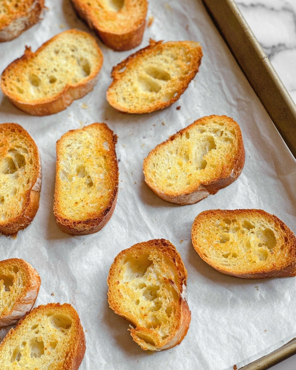 The image shows a baking tray lined with white parchment paper, scattered with eight toasted bread slices. Each slice has a golden-brown crust with small holes and a crunchy texture visible on the soft, light yellow inside. The bread pieces are unevenly shaped, some more oval and some round, with edges that are slightly darker and crispier. The background is a white marbled surface that contrasts with the warm tones of the toasted bread. photo taken with an iphone --ar 4:5 --v 7