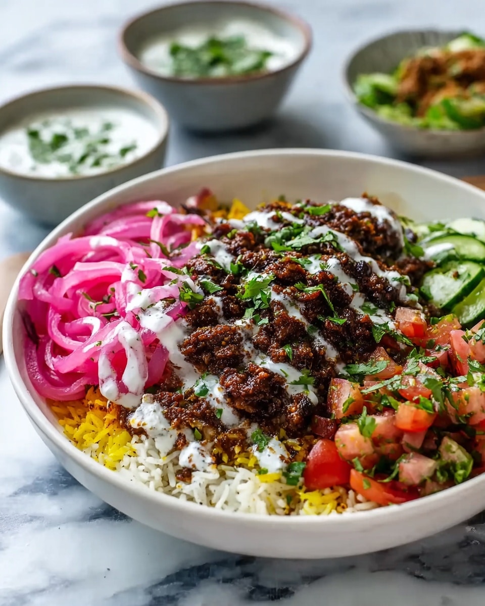 A white bowl filled with a layered dish starting with a base of white and yellow rice at the bottom. On top, there is a spread of dark brown, finely ground cooked meat drizzled with white sauce. To one side are bright pink pickled onion spirals, and next to them is a mix of fresh diced cucumber and red tomato with green herbs. The entire dish is sprinkled lightly with chopped green herbs. The bowl sits on a white marbled surface with two blurred bowls in the background, one containing a white sauce with green herbs and another with a green salad. photo taken with an iphone --ar 4:5 --v 7