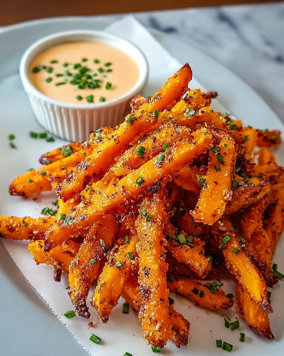 A white plate holds a pile of golden-orange sweet potato fries with crispy, slightly charred edges and specks of seasoning, garnished with small green herb pieces scattered on top and around. Behind the fries sits a small white bowl filled with creamy, light brown dipping sauce topped with finely chopped green herbs. The plate is set on a white marbled surface. Photo taken with an iphone --ar 4:5 --v 7