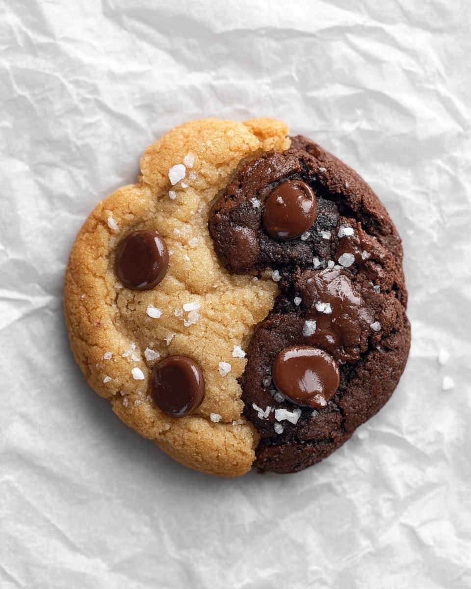 A round cookie split evenly into two halves, one side is light golden brown with three visible melted chocolate chips and a soft, crumbly texture, while the other half is dark brown chocolate cookie with four melted chocolate chips, both halves are sprinkled with coarse white sea salt flakes, all placed on a crinkled white paper sheet over a white marbled surface, photo taken with an iphone --ar 4:5 --v 7