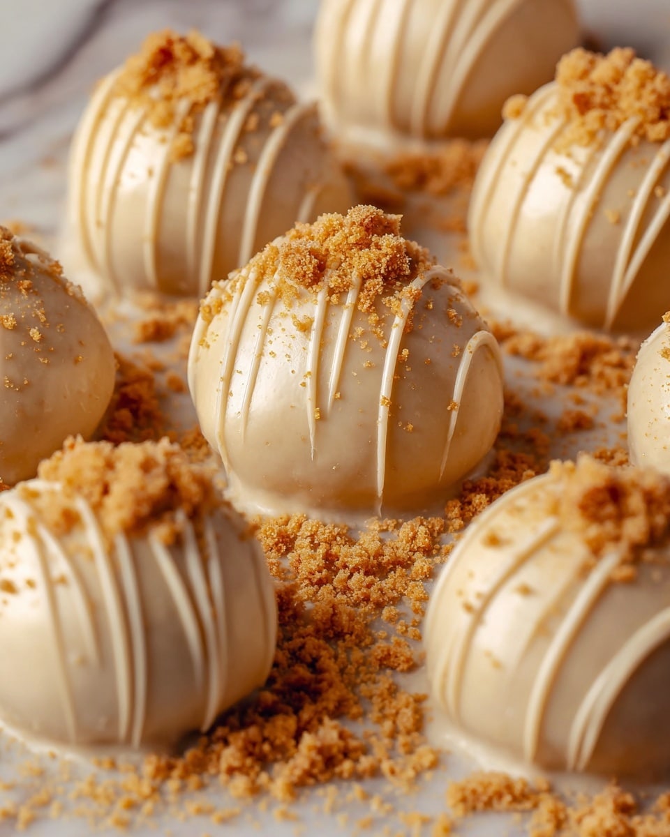 The image shows round dessert balls, around nine visible, each coated smoothly with a light beige glaze that has a shiny texture. They are evenly topped with thin, slightly darker beige drizzle lines running vertically down the sides. On top of each ball, there is a small pile of crumbly, golden-brown crumbs that add a rough texture contrast. The dessert balls sit close together on a surface covered with more of the beige glaze and scattered crumbs, creating a textured base. The background has a white marbled texture. photo taken with an iphone --ar 4:5 --v 7