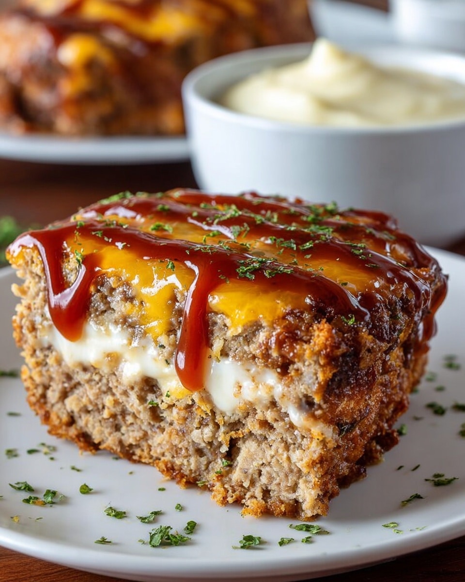 A thick slice of meatloaf sits on a white plate with three visible layers: the bottom is a light brown, crumbly ground meat base, the middle is a thin spread of creamy white sauce, and the top is a golden melted cheddar cheese layer dripping slightly over the edges. Dark red barbecue sauce is drizzled in thick lines across the cheese, with small green herb flakes sprinkled on top and around the plate. In the background, there is a white bowl filled with a creamy white substance, and behind that, the rest of the meatloaf is blurred out. The scene is set on a white marbled textured surface. Photo taken with an iphone --ar 4:5 --v 7