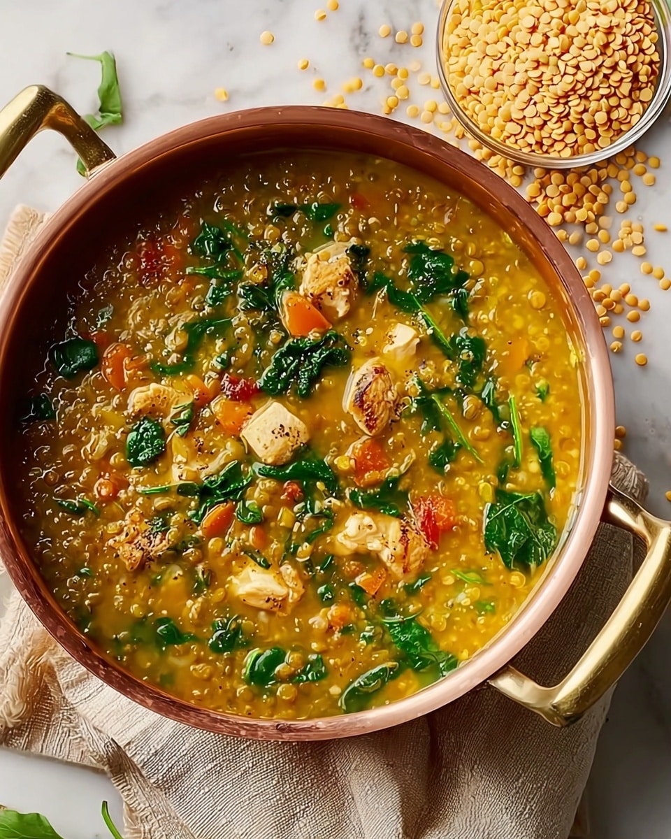 A close-up view of a pot filled with thick lentil soup showing three main layers: the first layer with tender, light brown lentils floating in a golden-yellow broth, the second layer consisting of vibrant green spinach leaves scattered throughout, and the third layer featuring chunks of cooked chicken and small pieces of orange carrot and red tomato mixed evenly. The pot has a copper exterior with gold handles, and it sits on a soft beige cloth over a white marbled surface. To the top right of the pot, there is a small glass bowl filled with light yellow lentils, some scattered around it. photo taken with an iphone --ar 4:5 --v 7