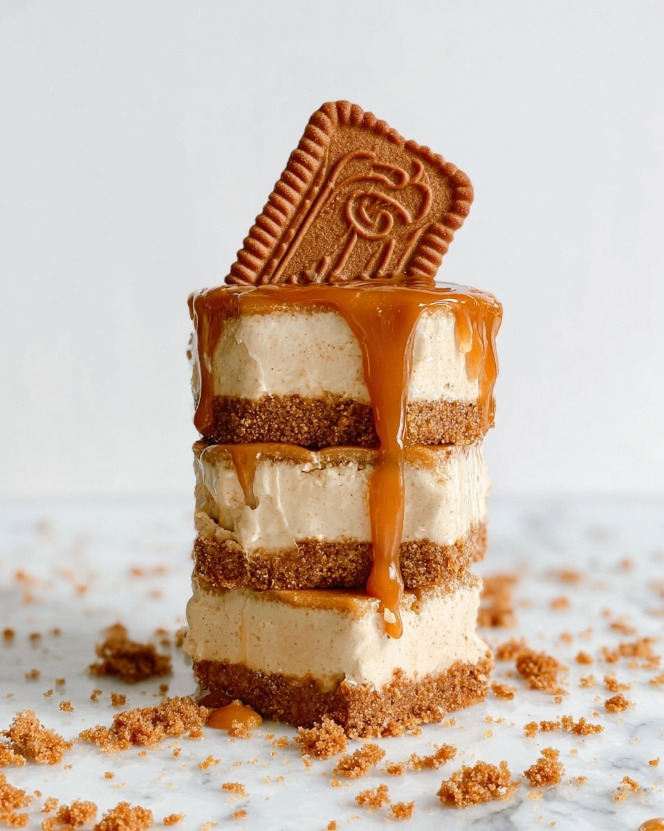 The image shows three stacked layers of a dessert with a crumbly brown base and thick, light brown creamy middle layers, each separated by a thin crumb layer. Dripping caramel sauce runs down from the top into the middle layers, with extra drips visible on the white marbled surface beneath. The stack is topped with a single, intricately patterned brown biscuit partially covered by the caramel sauce. Crumbs scattered around the dessert add to its textured look. The background is plain with a white marbled texture. photo taken with an iphone --ar 4:5 --v 7