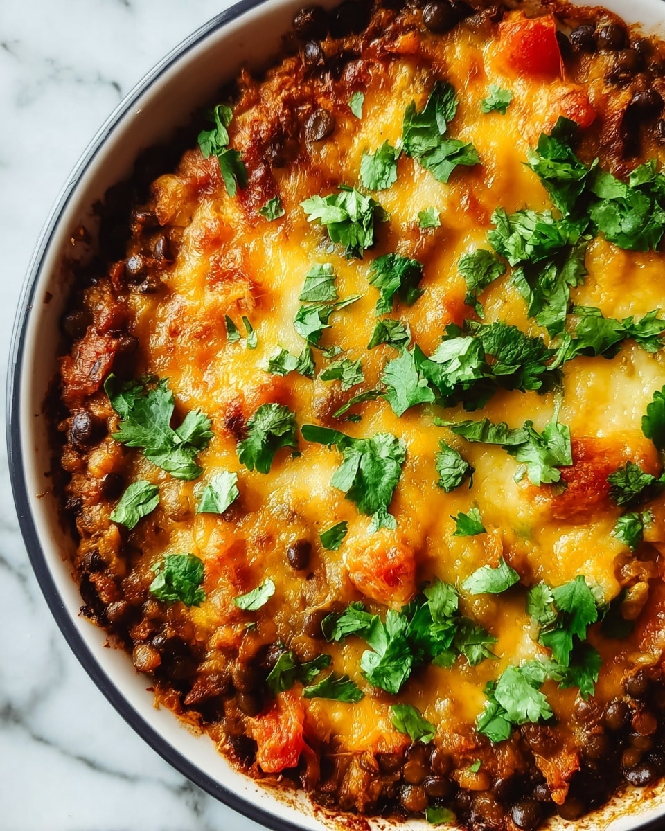 A close-up view of a baked dish in a white bowl with a dark rim, showing a single thick layer with a mix of textures and colors. The base layer consists of dark brown lentils and soft, cooked vegetables including orange-red chunks of tomato or bell pepper. This is topped with a melted golden-yellow cheese layer that is slightly bubbled and browned at edges. Bright green fresh cilantro leaves are scattered unevenly across the top, adding a fresh contrast to the warm tones. The bowl sits on a white marbled surface. Photo taken with an iphone --ar 4:5 --v 7