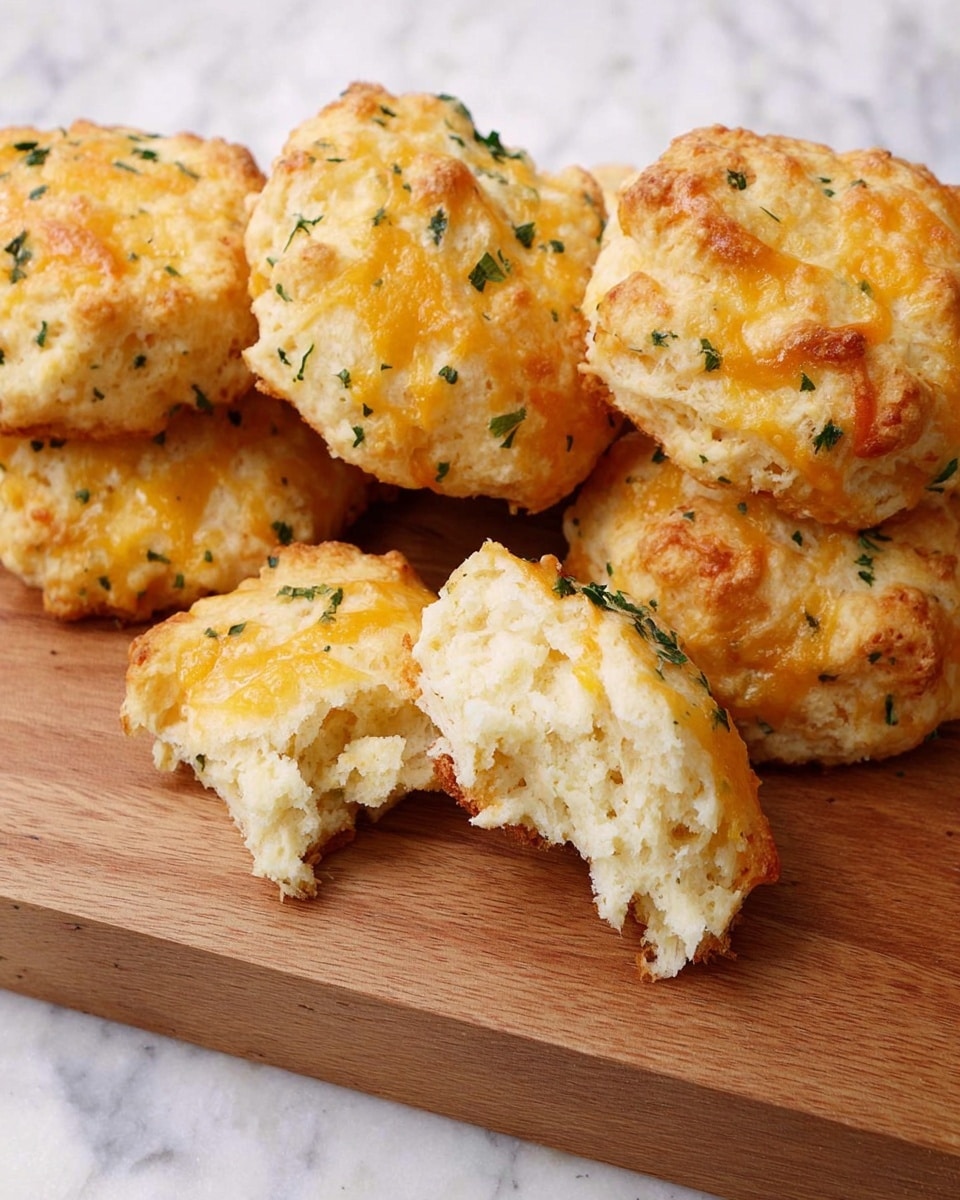 The image shows soft, golden cheese biscuits placed on a wooden board with a white marbled background. Each biscuit has a slightly uneven, rounded shape with a rough texture on top, sprinkled with melted yellow cheese and small bits of green herbs. One biscuit is broken apart in the center, revealing a fluffy, white, airy interior with a light crumb structure. The light on the biscuits highlights their warm, inviting color and the slight crispiness of the cheese on top. Photo taken with an iphone --ar 4:5 --v 7