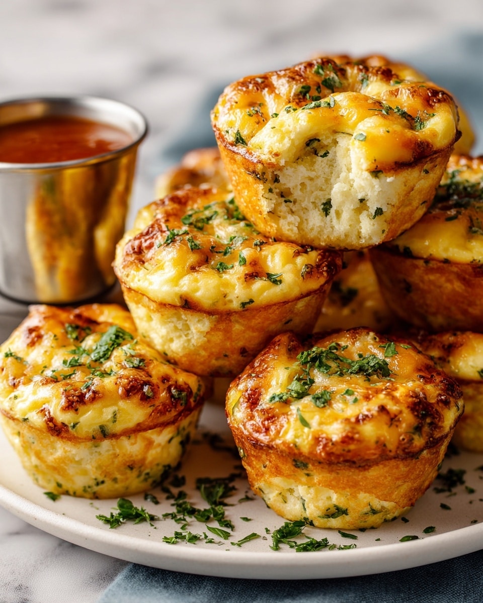 A stack of golden egg muffins with a slightly browned, crispy edge sits on a white plate placed on a white marbled surface. Each muffin shows a fluffy, soft texture with specks of green herbs mixed throughout and melted cheese on top that has browned to a bubbly finish. The muffins are arranged in two layers, with some muffins leaning against each other, and small bits of fresh chopped parsley sprinkled over the tops and plate for garnish. A small metal cup of reddish dipping sauce is placed on the side of the plate. photo taken with an iphone --ar 4:5 --v 7
