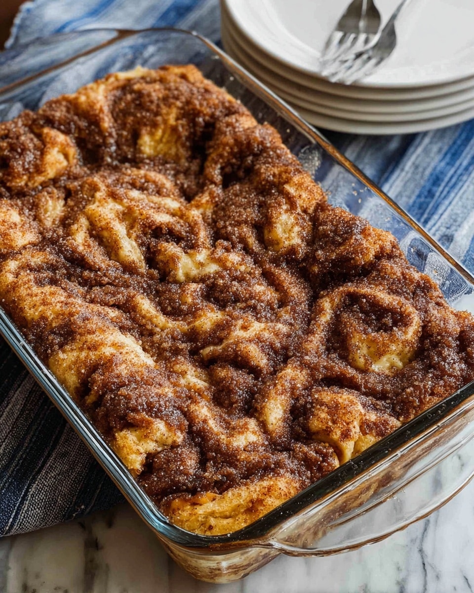 This image shows a large baked cinnamon roll casserole in a clear glass rectangular dish. The casserole has an uneven, puffy top layer with a mix of golden brown and darker cinnamon brown colors swirled together, creating a rough textured look on the surface. The cinnamon sugar topping is visible as some lighter grainy crystals scattered across the top. The dish sits on a white marbled surface with a part of a white plate and fork in the background, along with a blue and white striped cloth nearby. photo taken with an iphone --ar 4:5 --v 7