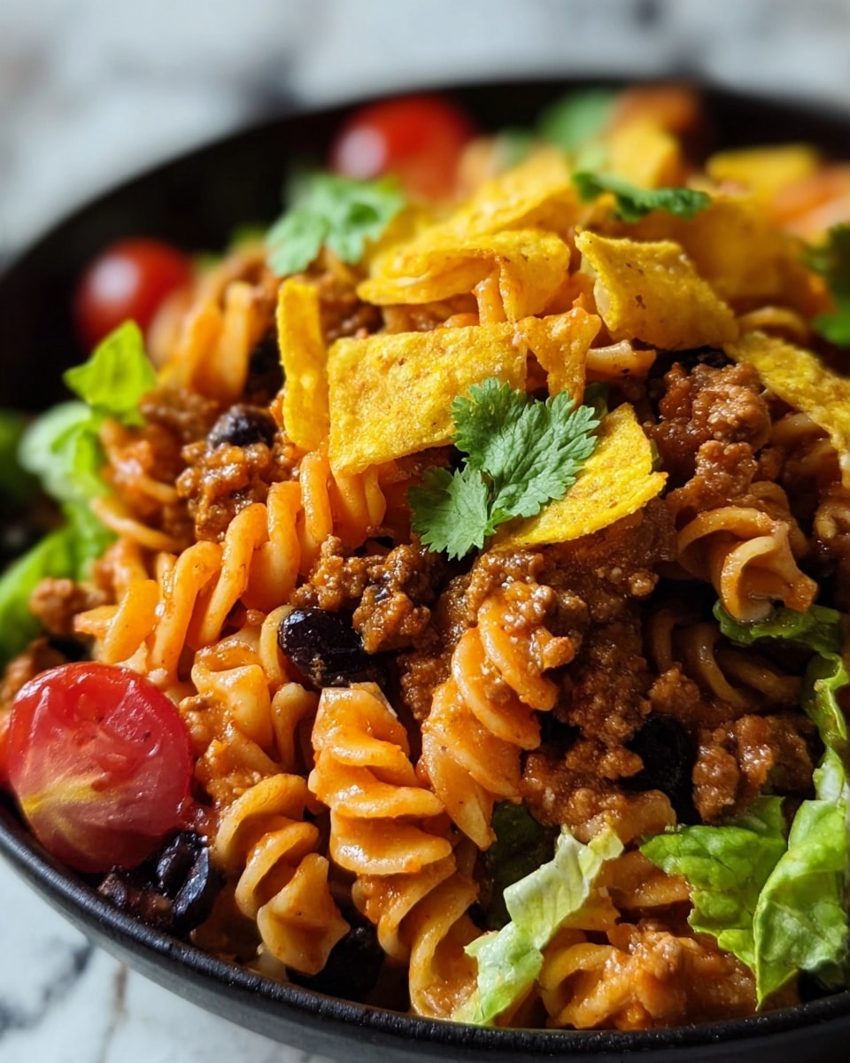 A close-up view of a dish featuring spiral pasta mixed with ground meat in a reddish sauce, scattered with small bright green cilantro leaves and chunks of light green lettuce. There are whole, shiny red cherry tomatoes and a few black beans visible among the pasta. On top, there are crunchy yellow corn chip pieces adding texture and a bright pop of color. The dish is presented inside a black bowl, set against a white marbled surface. Photo taken with an iphone --ar 4:5 --v 7