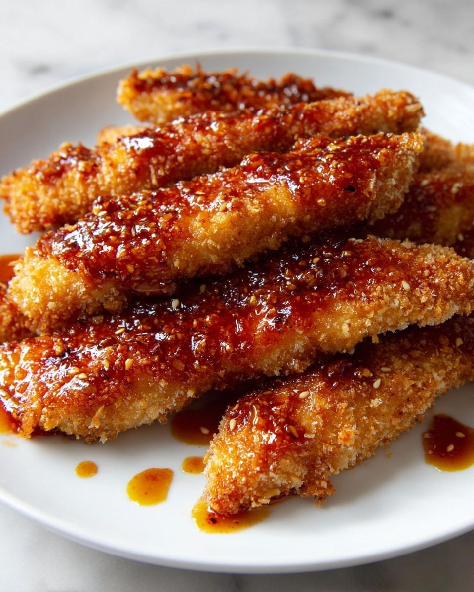On a white plate placed on a white marbled surface, there are five crispy fried chicken tenders arranged in a slightly overlapping pile. Each tender is golden brown with a crunchy breadcrumb coating that shows tiny, textured crumbs and small toasted bits. The chicken tenders are covered with a shiny, sticky reddish-brown sauce that drips in small pools around the edges on the plate, adding a glossy contrast that catches the light. The sauce has visible seeds and small bits, suggesting a sweet and spicy flavor. The photo shows a close-up view that highlights the crunchy texture and rich sauce on the golden chicken tenders. photo taken with an iphone --ar 4:5 --v 7