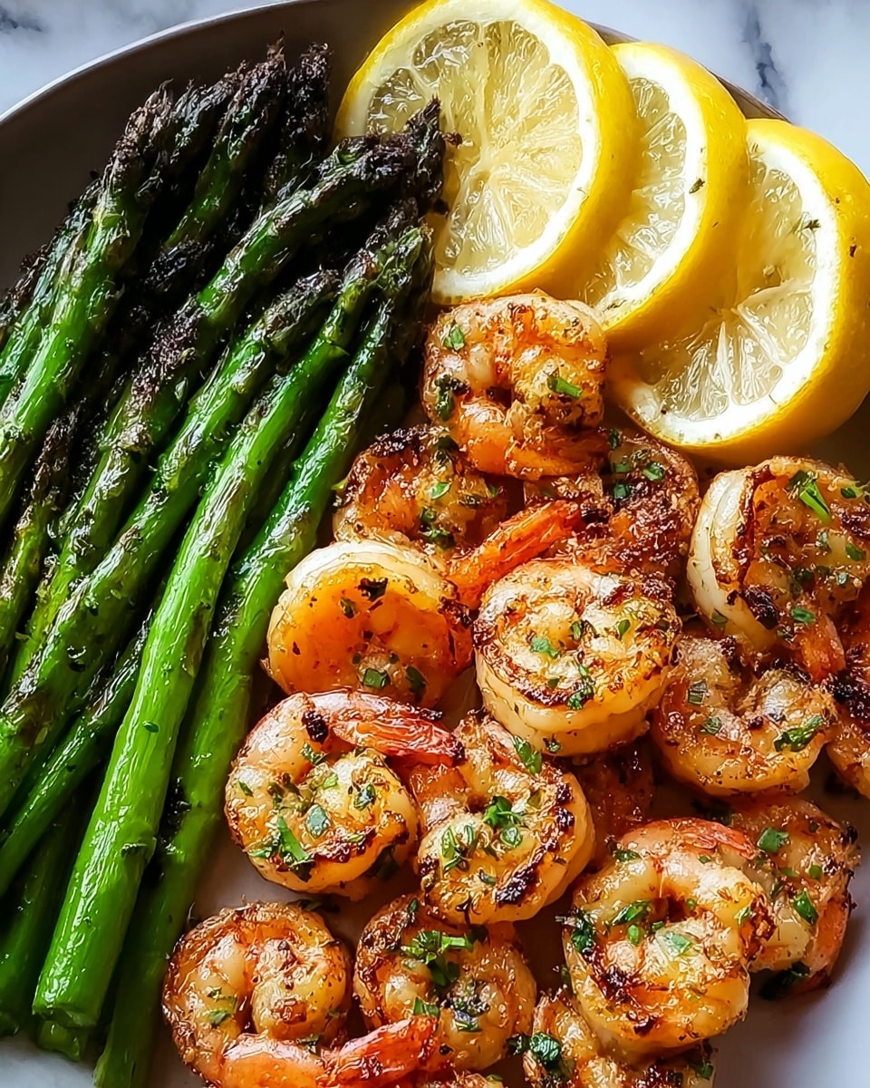 The image shows a close-up of a cooked dish on a white plate on a white marbled surface. There are two parts to the dish: on the left side, a bundle of green asparagus spears with a shiny, slightly charred texture, and on the right side, a group of golden-brown grilled shrimp with visible grill marks and small green herb pieces scattered on top. At the top right corner, two fresh lemon slices with visible pulp are placed overlapping each other, adding a bright yellow contrast to the dish. The colors are warm and appetizing, with a nice balance between the green asparagus and the orange-pink shrimp. photo taken with an iphone --ar 4:5 --v 7