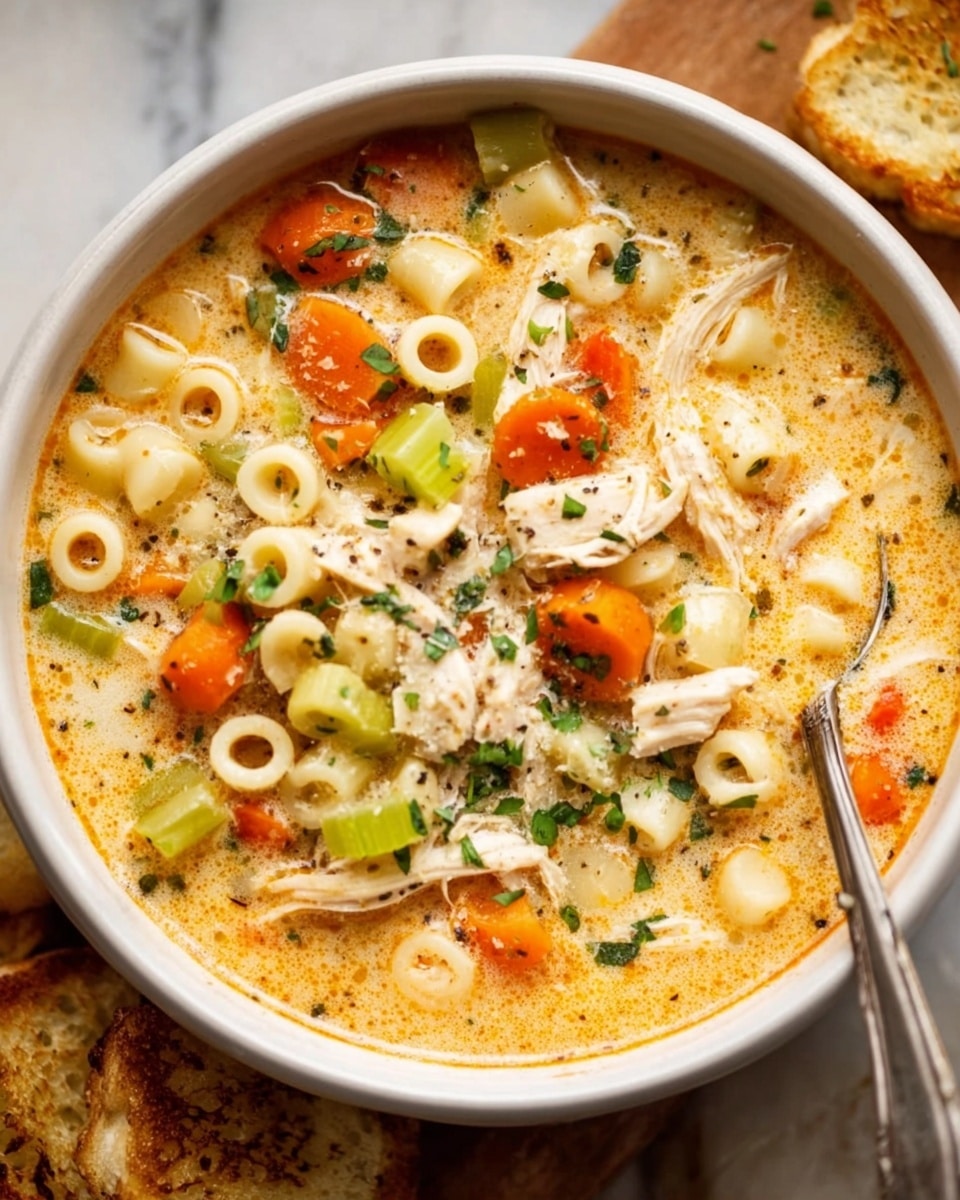 A white bowl filled with creamy chicken noodle soup showing three main layers: a light orange creamy broth base with a slightly oily texture, scattered chopped green celery pieces and sliced orange carrot rounds, and shredded white chicken meat holding the top layer with small white pasta rings spread evenly. Bits of chopped green herbs are sprinkled throughout, adding green specks on the surface. A metal spoon rests on the right side inside the bowl, and pieces of toasted bread sit near the bowl on a white marbled surface. photo taken with an iphone --ar 4:5 --v 7