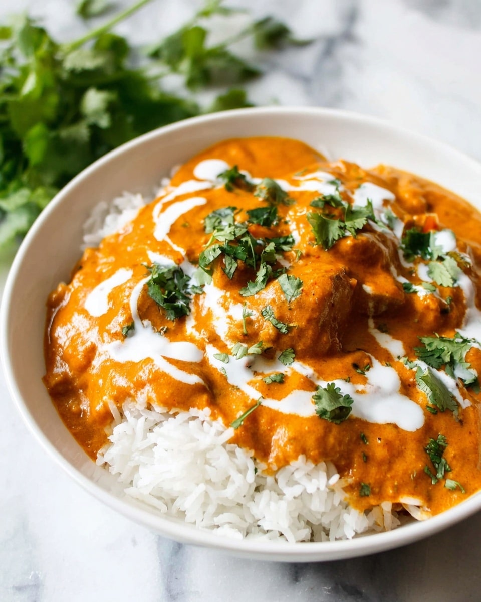 A white bowl filled with a base layer of fluffy white rice, topped with a thick, creamy orange curry sauce. The curry has a smooth texture with visible small chunks, likely vegetables or meat, and is garnished with fresh green cilantro leaves scattered on top. White cream is drizzled over the curry in a swirled pattern, adding contrast to the rich orange color. In the background, there is a white marbled surface with some blurred green herbs to the side. photo taken with an iphone --ar 4:5 --v 7