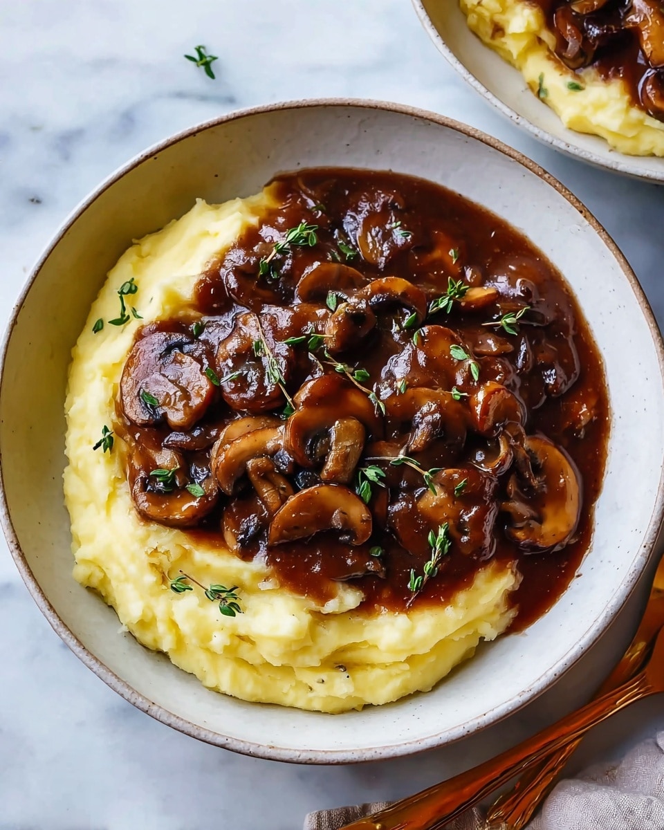 The image shows a white bowl with two main layers: the bottom layer is creamy, smooth mashed potatoes with a pale yellow color, filling most of the bowl; on top, there is a thick, dark brown mushroom gravy loaded with sliced brown mushrooms and small green herb sprigs scattered for garnish. The gravy covers half of the mashed potatoes, creating a contrast between the light mash and dark sauce. The bowl sits on a white marbled surface with a wooden-handled fork partially visible on the right side. photo taken with an iphone --ar 4:5 --v 7