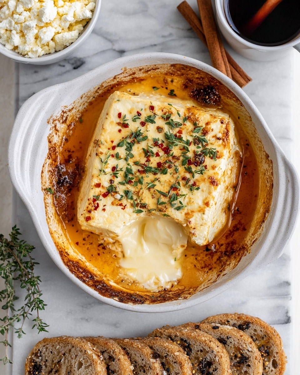 The image shows a white cast iron baking dish containing a block of baked cheese with a golden-brown crust on top, sprinkled with fresh green herbs and red pepper flakes. The cheese appears creamy and soft, with a small section scooped out revealing a melted, gooey interior. Around the edge of the baking dish, a thick, caramelized layer of melted cheese adds texture and rich color. Below the dish, a row of five slices of rye bread with visible seeds and dried fruit lies on a white marbled surface. In the top left, a white bowl filled with crumbled cheese is partially visible, and in the top right, a white cup holds a dark liquid with cinnamon sticks. photo taken with an iphone --ar 4:5 --v 7
