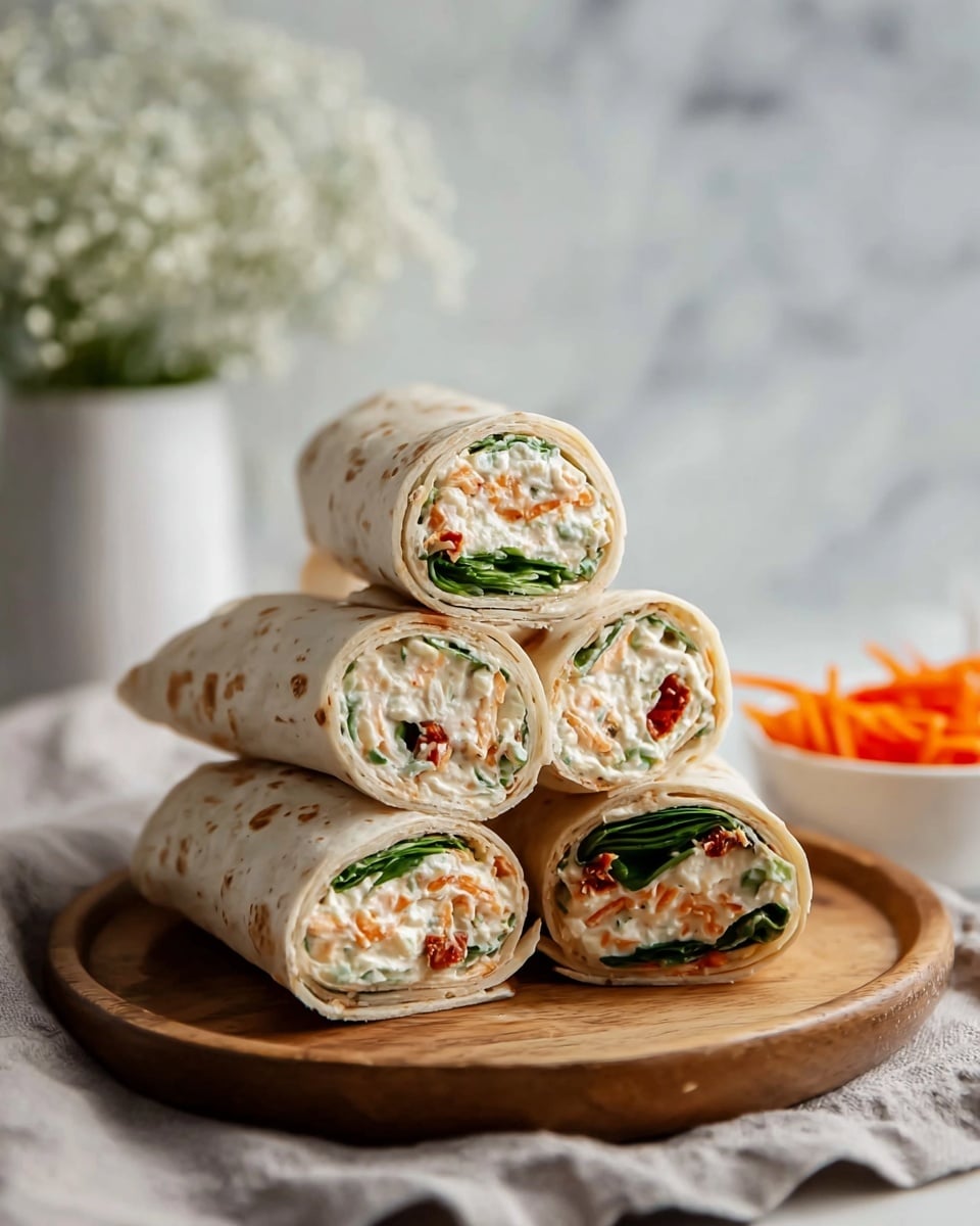 A close-up of four wraps stacked in a pyramid shape on a wooden plate, each wrap cut in half to show the filling inside. The wraps have a light beige, soft tortilla exterior with slight toasty spots. Inside, there is a creamy white layer mixed with small green herbs, orange carrot shreds, and bits of red sun-dried tomato, along with fresh green spinach leaves. The background is a soft-focus white marbled texture with a blurry white vase holding small white flowers. A small white bowl with shredded orange carrots sits near the plate on a light gray cloth. photo taken with an iphone --ar 4:5 --v 7