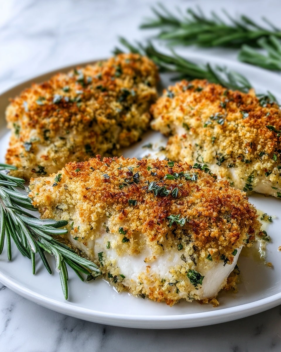 Three pieces of baked chicken breasts sit on a white plate, each covered with a crispy golden brown breadcrumb crust mixed with green herbs like rosemary. The crust has a rough texture with some areas darker and more toasted. The chicken underneath is white and appears tender and juicy. Sprigs of fresh rosemary surround the chicken pieces, adding a touch of green and freshness. The plate is placed on a white marbled surface, enhancing the clean and appetizing look. photo taken with an iphone --ar 4:5 --v 7