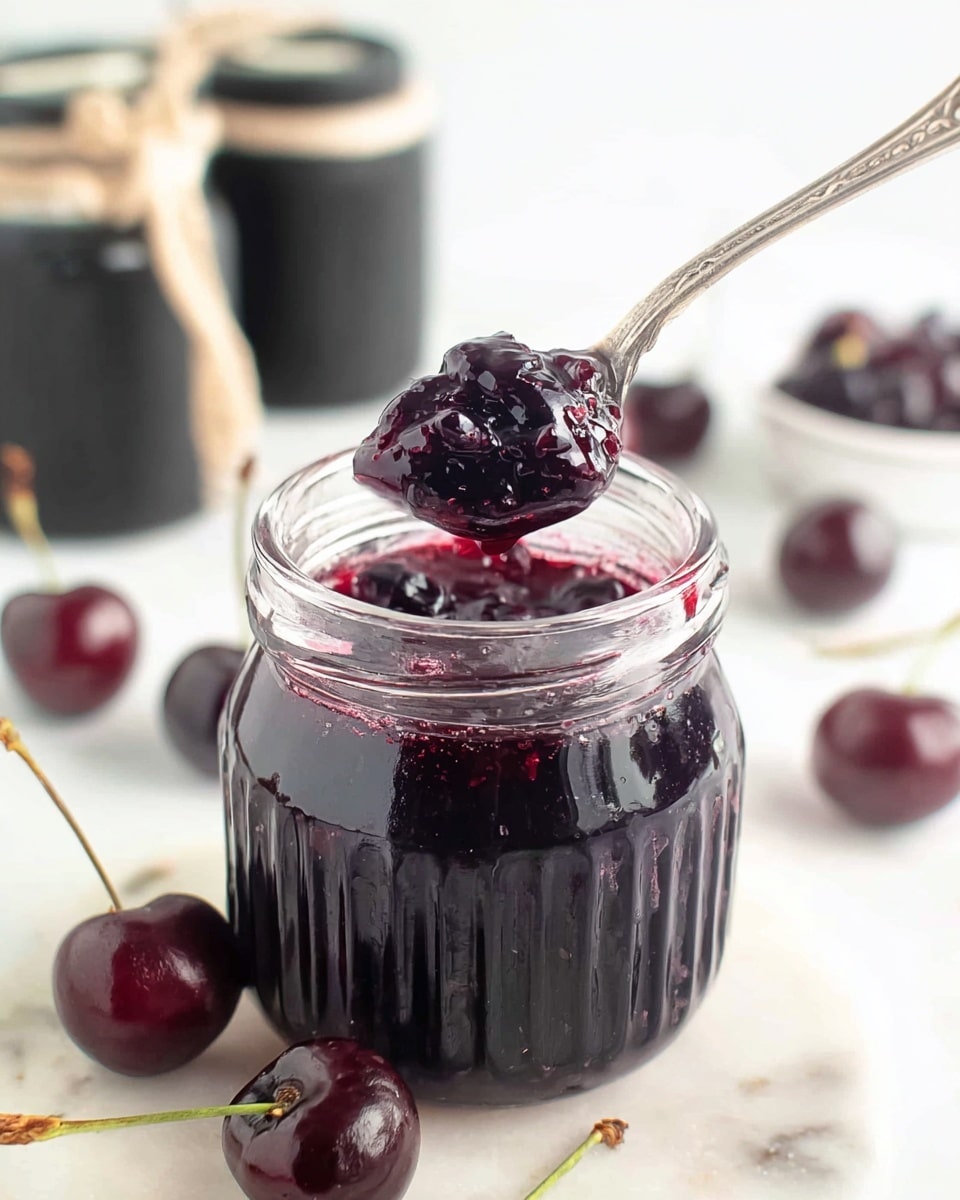 A ribbed glass jar filled with dark purple cherry jam sits on a white marbled surface. The thick and chunky jam, with visible pieces of fruit, glistens with a glossy texture. A silver spoon is dipped into the jar, lifting a generous scoop of the jam that shows rich, deep red tones with a slightly translucent shine. Around the jar, fresh dark purple cherries with stems are scattered casually, adding natural detail to the scene. The jar's clear lid rests nearby, slightly out of focus, enhancing the fresh and inviting look of the setup. photo taken with an iphone --ar 4:5 --v 7