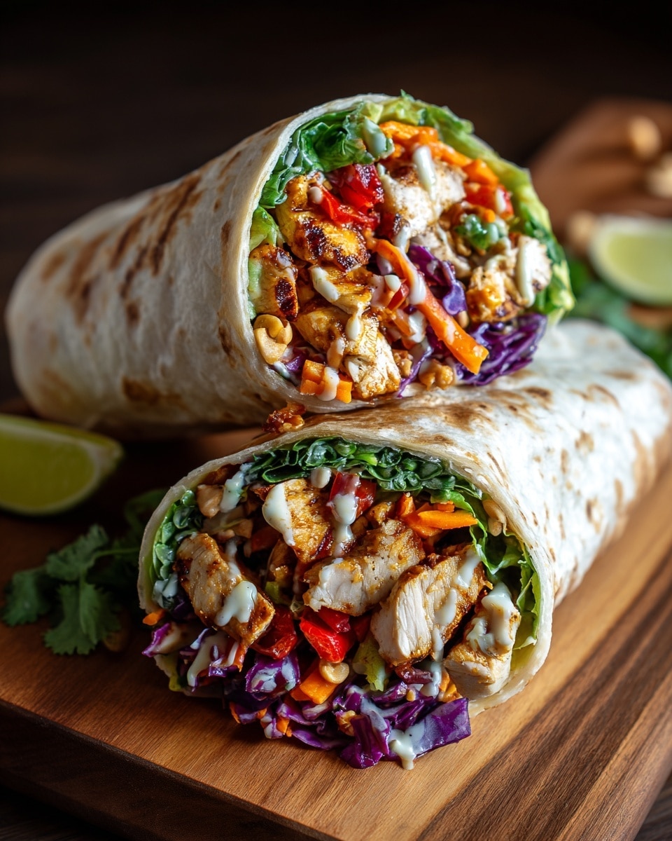Two burrito halves are stacked on each other on a wooden board with lime wedges and scattered nuts in the background. The white flour tortilla wraps have a slight golden toasting. Inside, the first layer includes green leafy lettuce, followed by a colorful mix of shredded purple cabbage and bright orange carrots. Above that, grilled pieces of chicken with a golden-brown sear are mixed with small pieces of red pepper and chopped cilantro. The top layer features a drizzle of creamy sauce adding shine to the filling. Photo taken with an iphone --ar 4:5 --v 7