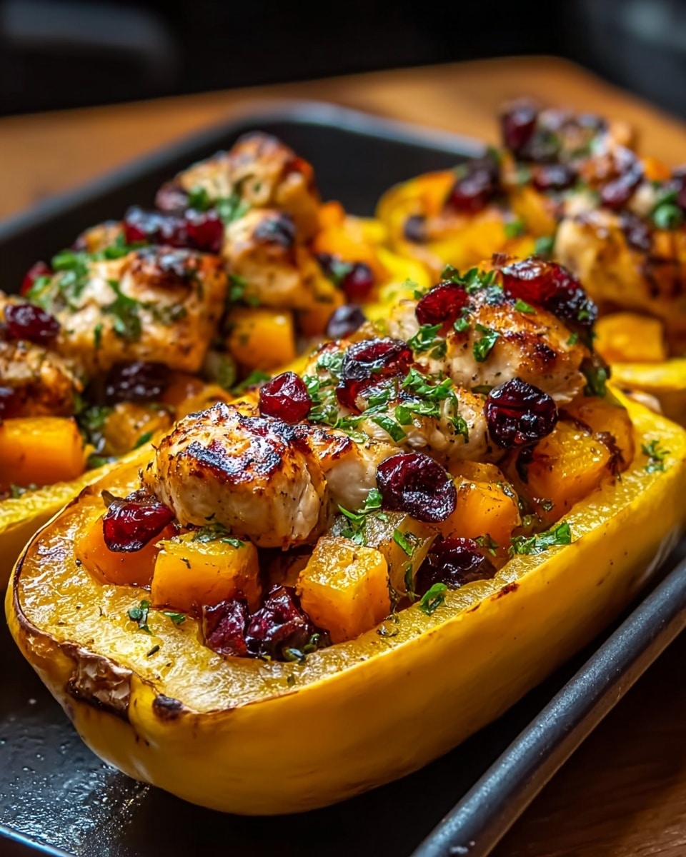 A close-up of a yellow stuffed squash cut in half, filled with three layers of ingredients: the base layer is soft, roasted yellow squash flesh; the middle layer has golden-orange roasted cubes of butternut squash; and the top layer consists of small, charred cubes of grilled chicken, garnished with dark red dried cranberries and finely chopped green herbs spread evenly. The stuffed squash sits inside a black baking tray on a wooden surface. The lighting highlights the glossy texture of the roasted ingredients and the slight charring on the chicken pieces. photo taken with an iphone --ar 4:5 --v 7