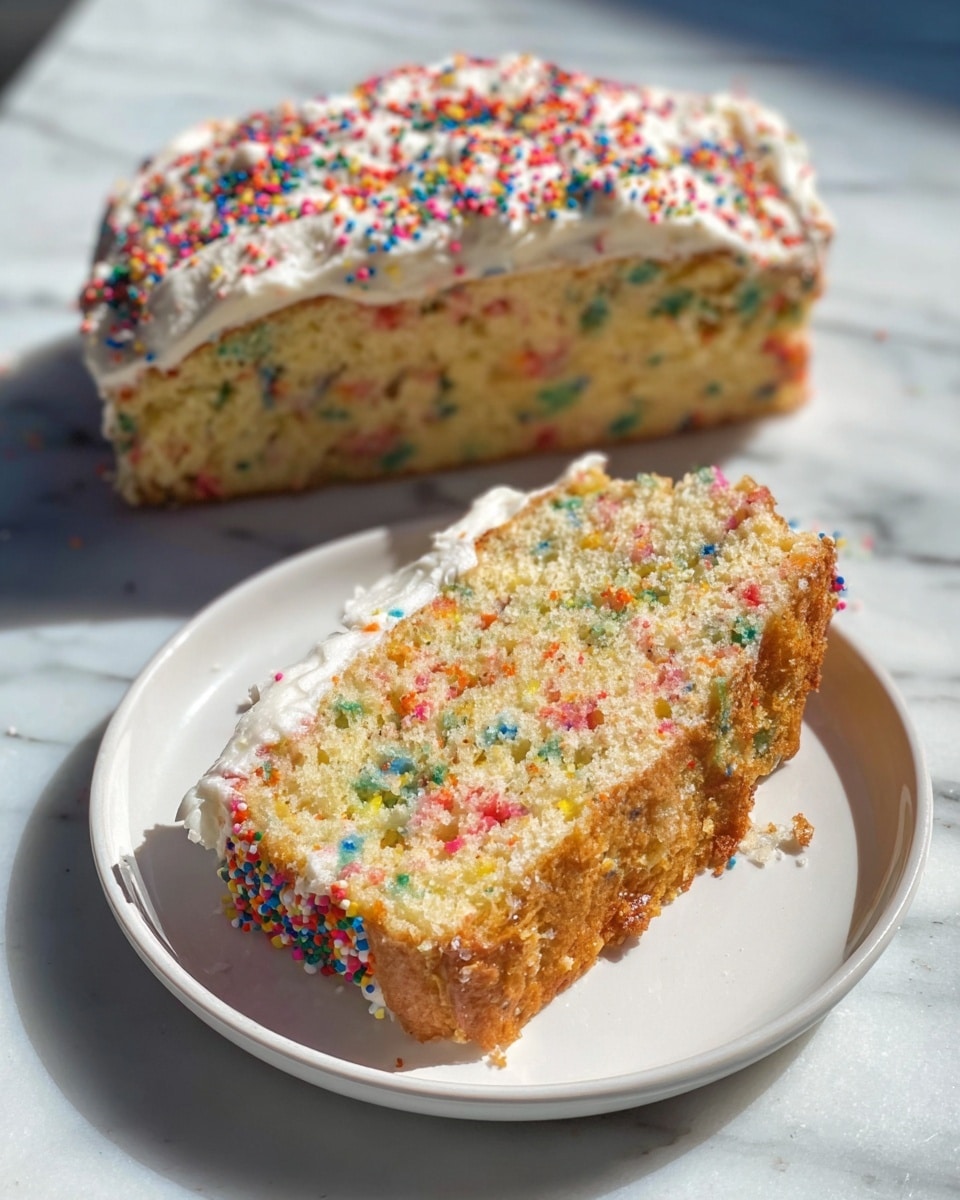 A slice of yellow cake with colorful sprinkles mixed into the soft crumb is shown with one piece cut and placed in front. The cake has one main layer with a thick topping of white frosting on top, which is spread in a slightly wavy texture. The frosting is sprinkled generously with tiny, round, bright multicolored sprinkles in red, blue, yellow, green, and purple. The slice and the remaining cake rest on a white plate that sits on a white marbled surface, and the sunlight highlights the moist texture of the cake and the glossiness of the frosting. Photo taken with an iphone --ar 4:5 --v 7