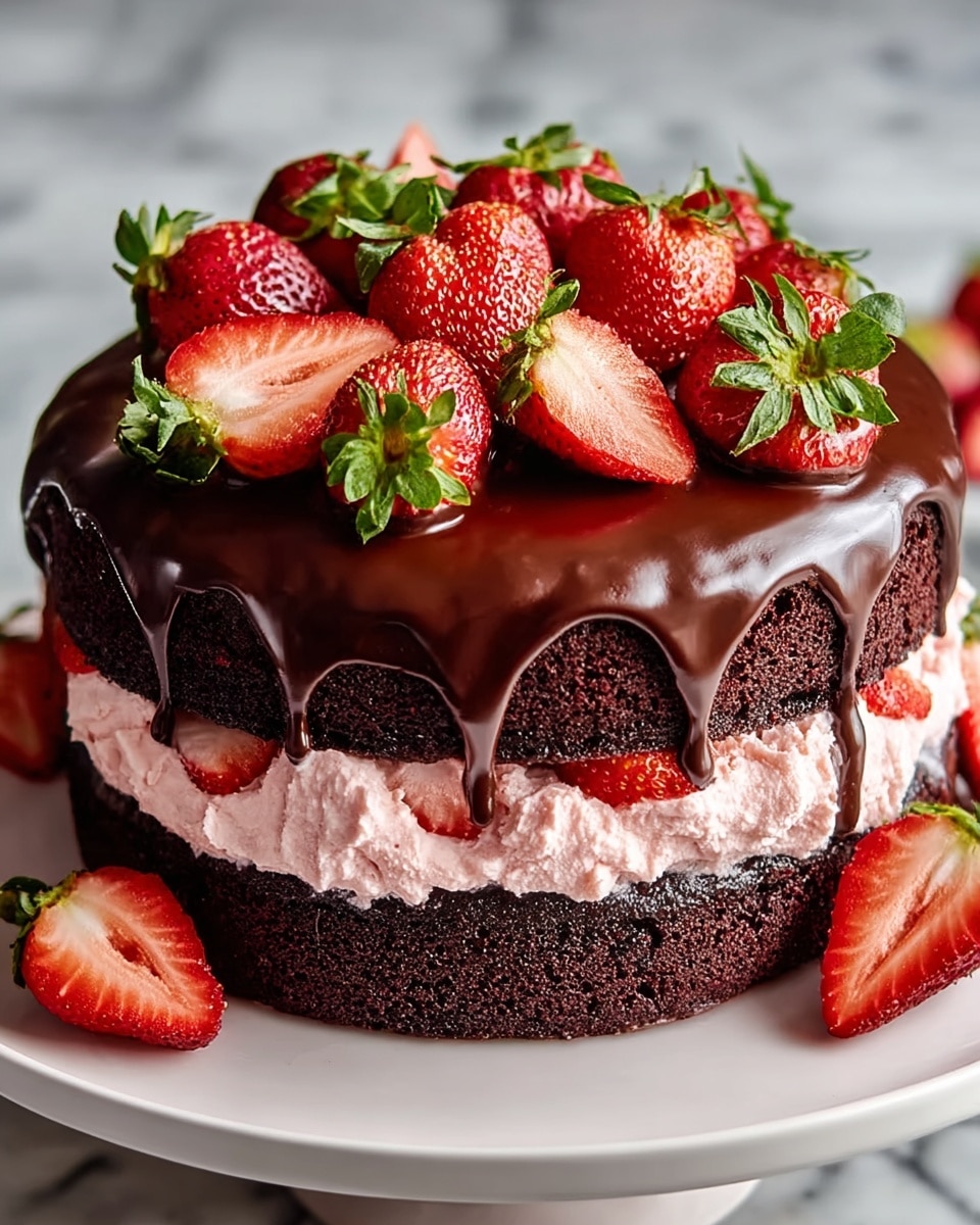 A three-layer round chocolate cake sits on a white plate, with the bottom and top layers being rich dark brown chocolate cake. Between these layers is a thick, light pink creamy filling that looks soft and fluffy. The top of the cake is covered in a smooth, shiny dark chocolate glaze that drips over the edges. Fresh, bright red strawberries with green leaves are arranged on top of the chocolate glaze, some whole and some cut in halves, adding a vibrant pop of color. The cake is placed on a surface with a white marbled texture. photo taken with an iphone --ar 4:5 --v 7