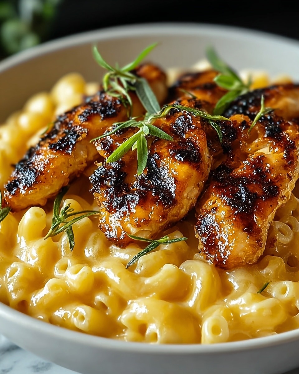 A close-up of a dish showing two main layers: the bottom layer is creamy, yellow macaroni and cheese with small, curved pasta pieces, and the top layer has six pieces of grilled, golden-brown chicken tenders with a shiny, slightly charred glaze. Small green leafy herbs are placed on top of the chicken for garnish. All this is served in a white bowl set on a white marbled textured surface. photo taken with an iphone --ar 4:5 --v 7