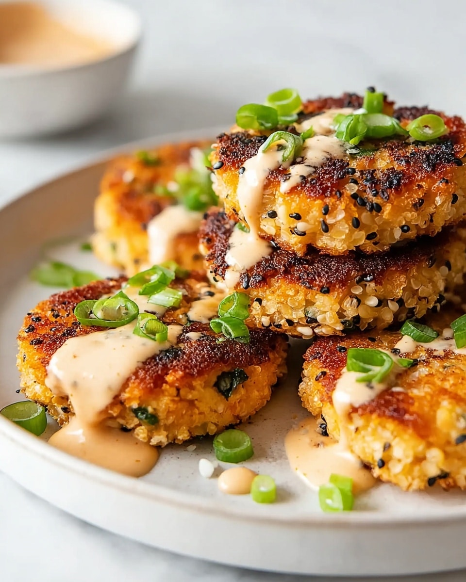 The image shows a white round plate with several golden-brown crispy patties stacked in two layers, each patty having a rough texture with visible black sesame seeds and green herbs inside. A creamy light tan sauce is drizzled on the top and around the patties, and thinly sliced green onions are scattered over them and the plate. The plate is set on a white marbled surface. photo taken with an iphone --ar 4:5 --v 7