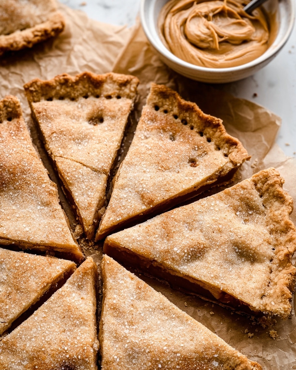 The image shows a close-up of a baked pie cut into eight slices, with a golden brown crust sprinkled evenly with sugar crystals. The pie sits on a piece of brown parchment paper, which adds a rustic touch. In the background, there is a white bowl filled with creamy peanut butter, smooth and light brown in color, resting on a white marbled surface. The pie crust has a slightly rough texture with small holes on the top, and the edges are thick and crimped. photo taken with an iphone --ar 4:5 --v 7