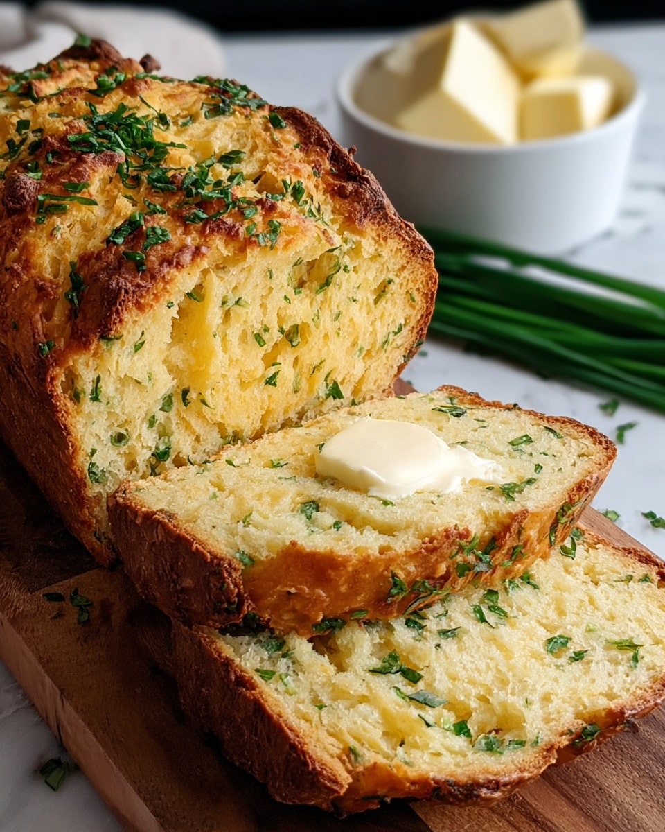 The image shows a loaf of golden-brown bread with a rough crust topped with small green herbs, cut into three thick slices. The bread inside is light yellow and fluffy with green herb pieces evenly spread throughout. On the top slice, there is a spread of creamy butter melting slightly and sprinkled with more green herbs. The bread is placed on a wooden board, with a white bowl containing butter cubes and green onions blurred in the background on a white marbled surface. Photo taken with an iphone --ar 4:5 --v 7