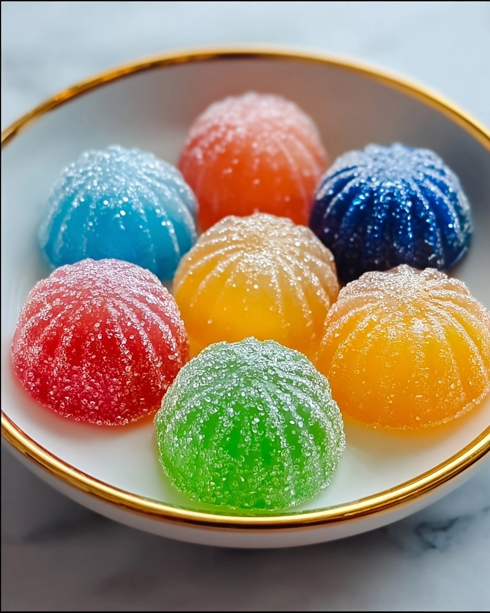A white bowl with a golden rim holds eight dome-shaped jelly candies, arranged closely together. Each candy is coated with fine sugar crystals that reflect light, giving a sparkling effect. The jellies have smooth, grooved surfaces with two visible stacked layers on each dome. Their colors form a rainbow pattern: deep blue, light blue, light green, orange, red, yellow, pink, and dark blue. The bowl sits on a white marbled surface, enhancing the brightness and vividness of the candies. photo taken with an iphone --ar 4:5 --v 7
