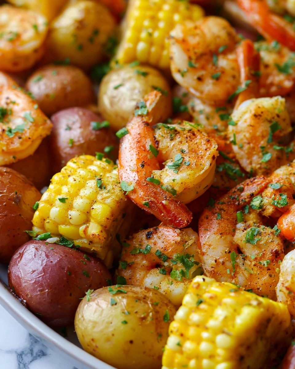 A close-up view of a colorful seafood boil featuring several layers of food. The bottom layer shows whole small golden potatoes with a smooth, slightly shiny skin. Scattered above are segments of bright yellow corn on the cob with a slightly grilled texture. The top layer includes plump pink shrimp seasoned with black pepper and green herbs, adding texture and color. The dish is sprinkled with fresh chopped green herbs, and the background is a white marbled surface. Photo taken with an iphone --ar 4:5 --v 7
