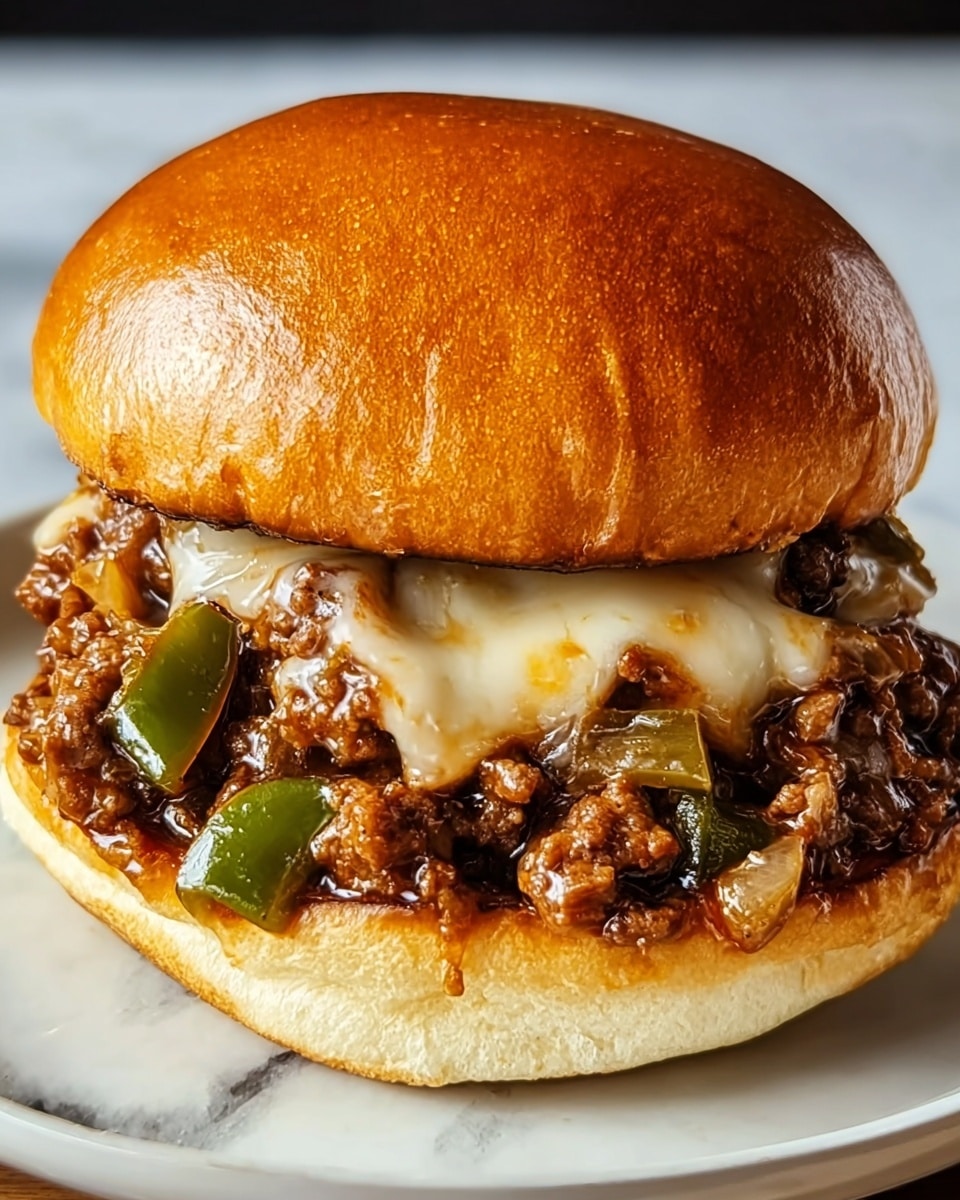 A close-up of a cheeseburger on a white plate, placed on a white marbled surface, with three main layers: the shiny, golden-brown top bun with a smooth texture; underneath, melted cheese covering cooked ground beef mixed with small pieces of sautéed onions and green pepper slices, showing a juicy and slightly oily texture; the bottom layer is a lightly toasted pale bun, soft and slightly browned at the edges. The layers are thick and packed tightly together, creating a rich and hearty look. Photo taken with an iphone --ar 4:5 --v 7