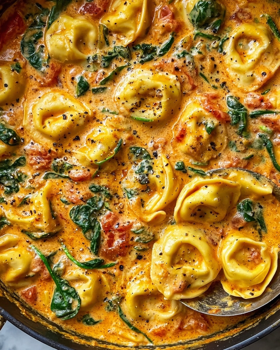 The image shows a close-up view of a creamy pasta dish with tortellini dumplings scattered throughout a thick, orange-tinted sauce. The tortellini are yellow with a soft texture and slightly puffed shape. The sauce has a smooth, rich look with visible small chunks of red tomato and fresh green spinach leaves mixed in evenly. Black pepper is sprinkled on top, adding specks of dark color over the sauce and pasta. There is a ladle partially visible on the right side, scooping some tortellini and sauce. The dish is placed over a white marbled surface. photo taken with an iphone --ar 4:5 --v 7