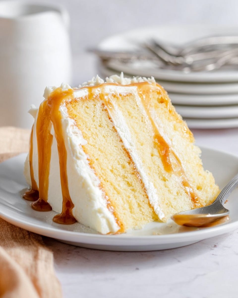A slice of three-layer yellow cake sits on a white plate over a white marbled surface. Each cake layer is light yellow and fluffy, separated by two thin layers of smooth caramel sauce and white creamy frosting. The outside of the cake is coated evenly with thick white frosting, with extra caramel sauce dripping slowly down the left side. The background is softly blurred, showing white stacked plates and silver forks. A silver spoon with caramel sauce rests near the plate. Photo taken with an iphone --ar 4:5 --v 7